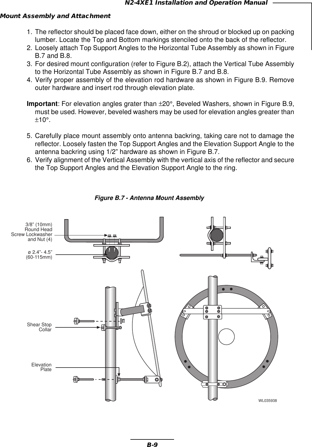 B-9N2-4XE1 Installation and Operation ManualFigure B.7 - Antenna Mount AssemblyMount Assembly and Attachment1. The reflector should be placed face down, either on the shroud or blocked up on packinglumber. Locate the Top and Bottom markings stenciled onto the back of the reflector.2. Loosely attach Top Support Angles to the Horizontal Tube Assembly as shown in FigureB.7 and B.8.3. For desired mount configuration (refer to Figure B.2), attach the Vertical Tube Assemblyto the Horizontal Tube Assembly as shown in Figure B.7 and B.8.4. Verify proper assembly of the elevation rod hardware as shown in Figure B.9. Removeouter hardware and insert rod through elevation plate.Important: For elevation angles grater than ±20°, Beveled Washers, shown in Figure B.9,must be used. However, beveled washers may be used for elevation angles greater than±10°.5. Carefully place mount assembly onto antenna backring, taking care not to damage thereflector. Loosely fasten the Top Support Angles and the Elevation Support Angle to theantenna backring using 1/2” hardware as shown in Figure B.7.6. Verify alignment of the Vertical Assembly with the vertical axis of the reflector and securethe Top Support Angles and the Elevation Support Angle to the ring.WL035938and Nut (4)3/8” (10mm)Round HeadScrew Lockwasherø 2.4”- 4.5”(60-115mm)Shear StopCollarElevationPlate