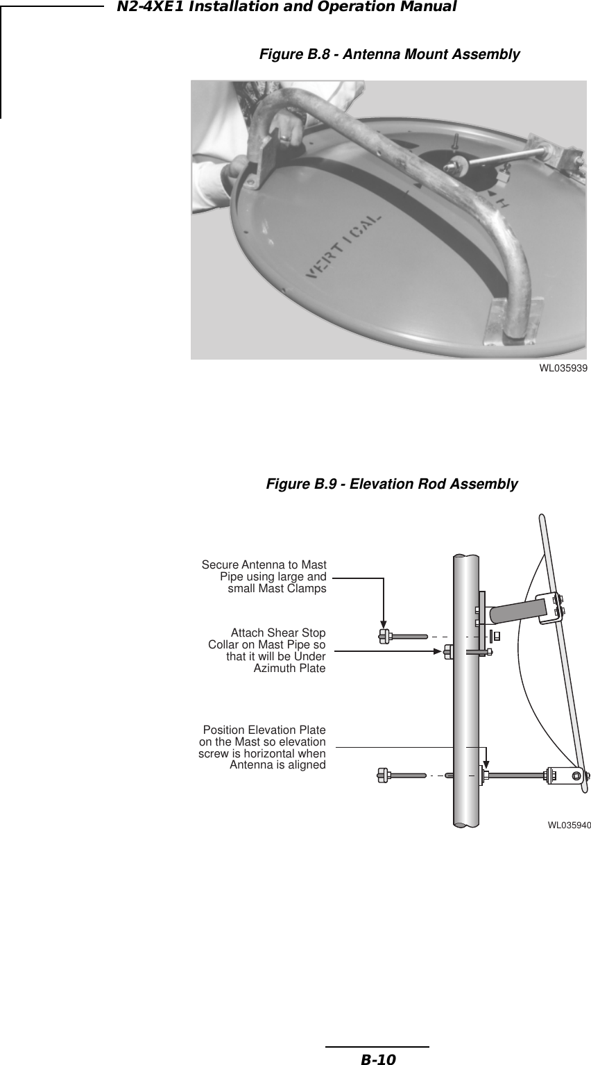 B-10N2-4XE1 Installation and Operation ManualFigure B.9 - Elevation Rod AssemblyFigure B.8 - Antenna Mount AssemblyWL035939WL035940Secure Antenna to MastPipe using large andsmall Mast ClampsAttach Shear StopCollar on Mast Pipe sothat it will be UnderAzimuth PlatePosition Elevation Plateon the Mast so elevationscrew is horizontal whenAntenna is aligned