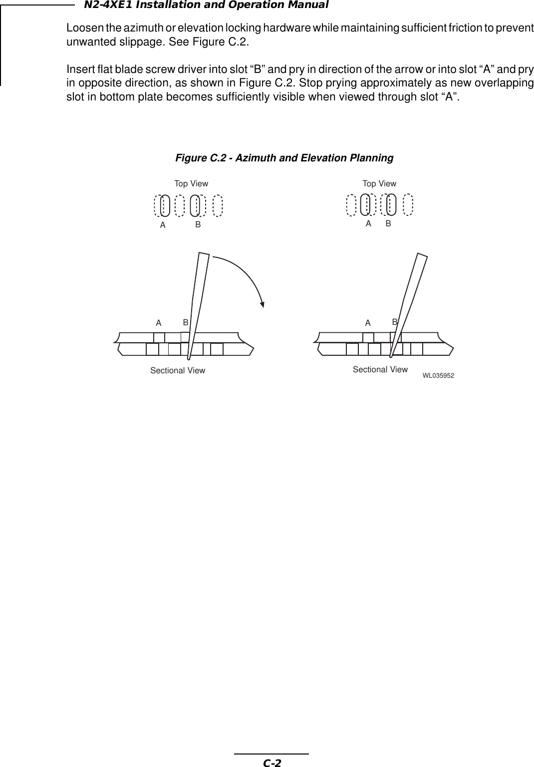 C-2N2-4XE1 Installation and Operation ManualLoosen the azimuth or elevation locking hardware while maintaining sufficient friction to preventunwanted slippage. See Figure C.2.Insert flat blade screw driver into slot “B” and pry in direction of the arrow or into slot “A” and pryin opposite direction, as shown in Figure C.2. Stop prying approximately as new overlappingslot in bottom plate becomes sufficiently visible when viewed through slot “A”.Figure C.2 - Azimuth and Elevation PlanningABABTop ViewSectional ViewSectional ViewTop ViewWL035952ABAB