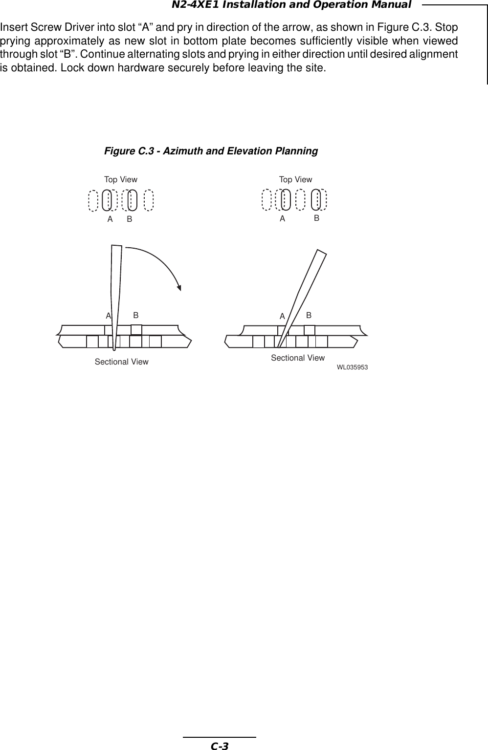 C-3N2-4XE1 Installation and Operation ManualInsert Screw Driver into slot “A” and pry in direction of the arrow, as shown in Figure C.3. Stopprying approximately as new slot in bottom plate becomes sufficiently visible when viewedthrough slot “B”. Continue alternating slots and prying in either direction until desired alignmentis obtained. Lock down hardware securely before leaving the site.Figure C.3 - Azimuth and Elevation PlanningABABTop ViewSectional ViewWL035953ABABSectional ViewTop View