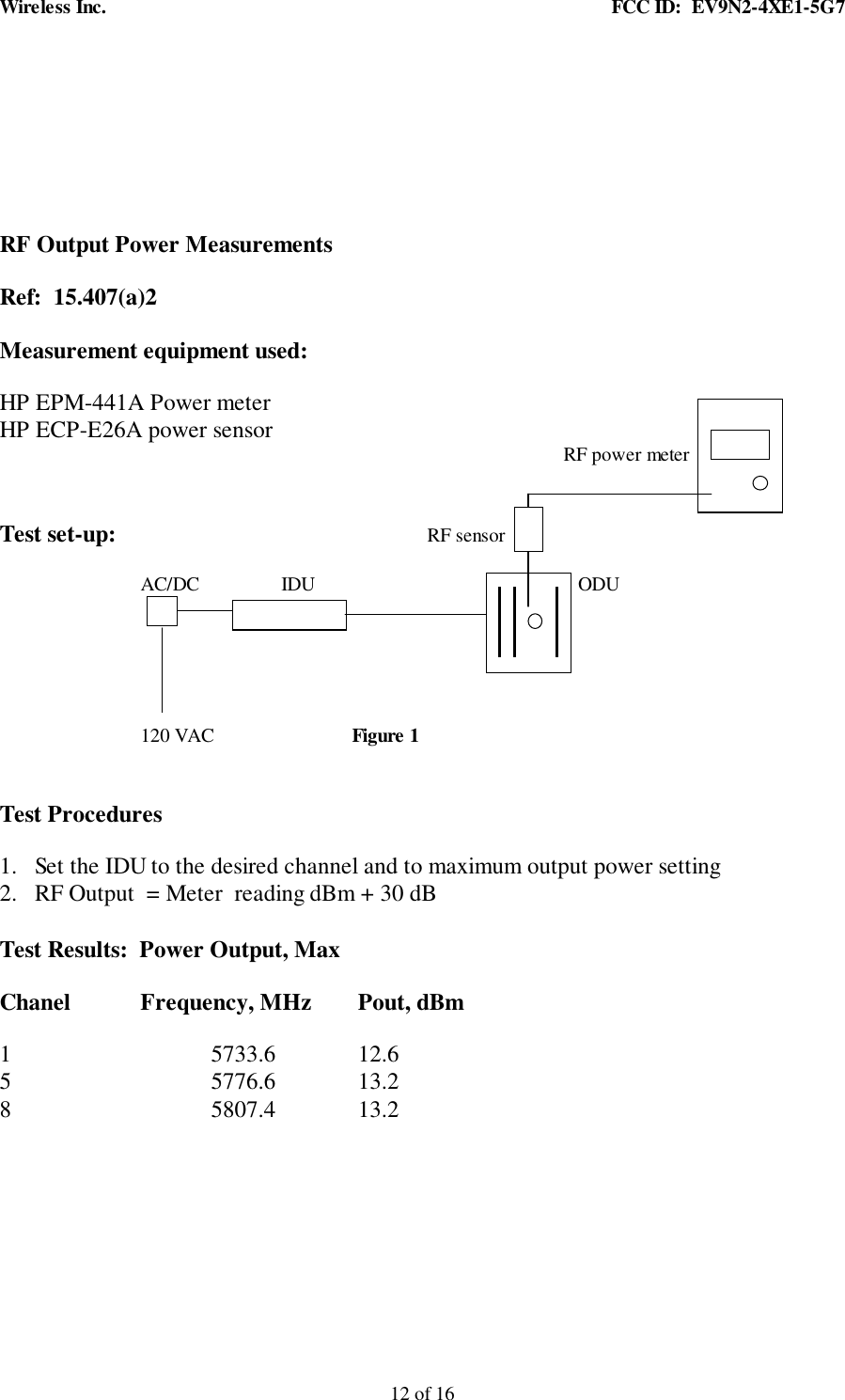 Wireless Inc. FCC ID: EV9N2-4XE1-5G712 of 16RF Output Power MeasurementsRef: 15.407(a)2Measurement equipment used:HP EPM-441A Power meterHP ECP-E26A power sensor RF power meterTest set-up: RF sensorAC/DC IDU ODU 120 VAC Figure 1Test Procedures1. Set the IDU to the desired channel and to maximum output power setting2. RF Output = Meter reading dBm + 30 dBTest Results: Power Output, MaxChanel Frequency, MHz Pout, dBm1 5733.6 12.65 5776.6 13.28 5807.4 13.2