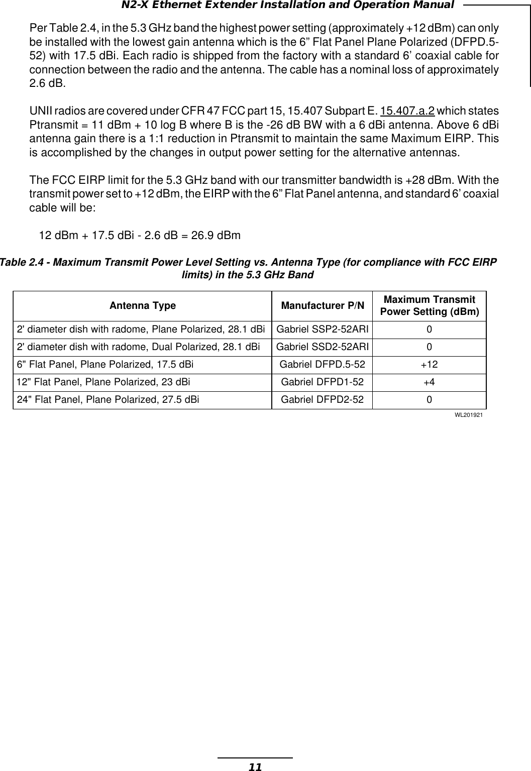 11N2-X Ethernet Extender Installation and Operation ManualepyTannetnAN/PrerutcafunaM timsnarTmumixaM )mBd(gnitteSrewoPiBd1.82,deziraloPenalP,emodarhtiwhsidretemaid&apos;2 IRA25-2PSSleirbaG0iBd1.82,deziraloPlauD,emodarhtiwhsidretemaid&apos;2 IRA25-2DSSleirbaG0iBd5.71,deziraloPenalP,lenaPtalF&quot;6 25-5.DPFDleirbaG21+iBd32,deziraloPenalP,lenaPtalF&quot;21 25-1DPFDleirbaG4+iBd5.72,deziraloPenalP,lenaPtalF&quot;42 25-2DPFDleirbaG0129102LWPer Table 2.4, in the 5.3 GHz band the highest power setting (approximately +12 dBm) can onlybe installed with the lowest gain antenna which is the 6” Flat Panel Plane Polarized (DFPD.5-52) with 17.5 dBi. Each radio is shipped from the factory with a standard 6’ coaxial cable forconnection between the radio and the antenna. The cable has a nominal loss of approximately2.6 dB.UNII radios are covered under CFR 47 FCC part 15, 15.407 Subpart E. 15.407.a.2 which statesPtransmit = 11 dBm + 10 log B where B is the -26 dB BW with a 6 dBi antenna. Above 6 dBiantenna gain there is a 1:1 reduction in Ptransmit to maintain the same Maximum EIRP. Thisis accomplished by the changes in output power setting for the alternative antennas.The FCC EIRP limit for the 5.3 GHz band with our transmitter bandwidth is +28 dBm. With thetransmit power set to +12 dBm, the EIRP with the 6” Flat Panel antenna, and standard 6’ coaxialcable will be:12 dBm + 17.5 dBi - 2.6 dB = 26.9 dBmTable 2.4 - Maximum Transmit Power Level Setting vs. Antenna Type (for compliance with FCC EIRPlimits) in the 5.3 GHz Band