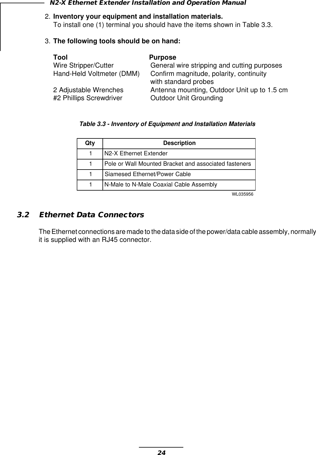 24N2-X Ethernet Extender Installation and Operation Manual2. Inventory your equipment and installation materials.To install one (1) terminal you should have the items shown in Table 3.3.3. The following tools should be on hand:Tool PurposeWire Stripper/Cutter General wire stripping and cutting purposesHand-Held Voltmeter (DMM) Confirm magnitude, polarity, continuitywith standard probes2 Adjustable Wrenches Antenna mounting, Outdoor Unit up to 1.5 cm#2 Phillips Screwdriver Outdoor Unit GroundingTable 3.3 - Inventory of Equipment and Installation MaterialsytQnoitpircseD1rednetxEtenrehtEX-2N1srenetsafdetaicossadnatekcarBdetnuoMllaWroeloP1elbaCrewoP/tenrehtEdesemaiS1ylbmessAelbaClaixaoCelaM-NotelaM-N659530LW3.2 Ethernet Data ConnectorsThe Ethernet connections are made to the data side of the power/data cable assembly, normallyit is supplied with an RJ45 connector.