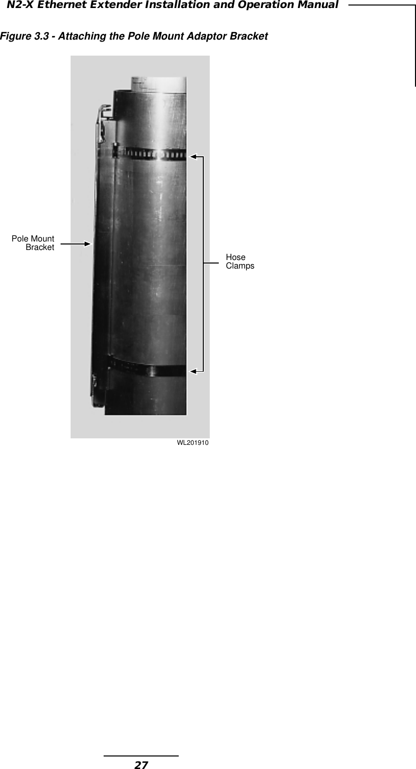 27N2-X Ethernet Extender Installation and Operation ManualFigure 3.3 - Attaching the Pole Mount Adaptor BracketPole MountBracket HoseClampsWL201910