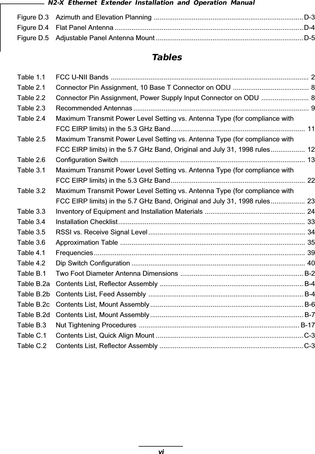 viN2-X Ethernet Extender Installation and Operation ManualFigure D.3 Azimuth and Elevation Planning ............................................................................... D-3Figure D.4 Flat Panel Antenna ....................................................................................................D-4Figure D.5 Adjustable Panel Antenna Mount .............................................................................. D-5TablesTable 1.1 FCC U-NII Bands ......................................................................................................... 2Table 2.1 Connector Pin Assignment, 10 Base T Connector on ODU ........................................ 8Table 2.2 Connector Pin Assignment, Power Supply Input Connector on ODU ......................... 8Table 2.3 Recommended Antennas ............................................................................................. 9Table 2.4 Maximum Transmit Power Level Setting vs. Antenna Type (for compliance withFCC EIRP limits) in the 5.3 GHz Band....................................................................... 11Table 2.5 Maximum Transmit Power Level Setting vs. Antenna Type (for compliance withFCC EIRP limits) in the 5.7 GHz Band, Original and July 31, 1998 rules.................. 12Table 2.6 Configuration Switch .................................................................................................. 13Table 3.1 Maximum Transmit Power Level Setting vs. Antenna Type (for compliance withFCC EIRP limits) in the 5.3 GHz Band....................................................................... 22Table 3.2 Maximum Transmit Power Level Setting vs. Antenna Type (for compliance withFCC EIRP limits) in the 5.7 GHz Band, Original and July 31, 1998 rules.................. 23Table 3.3 Inventory of Equipment and Installation Materials ..................................................... 24Table 3.4 Installation Checklist................................................................................................... 33Table 3.5 RSSI vs. Receive Signal Level ................................................................................... 34Table 3.6 Approximation Table .................................................................................................. 35Table 4.1 Frequencies ................................................................................................................ 39Table 4.2 Dip Switch Configuration ............................................................................................ 40Table B.1 Two Foot Diameter Antenna Dimensions ................................................................. B-2Table B.2a Contents List, Reflector Assembly ............................................................................ B-4Table B.2b Contents List, Feed Assembly .................................................................................. B-4Table B.2c Contents List, Mount Assembly ................................................................................. B-6Table B.2d Contents List, Mount Assembly ................................................................................. B-7Table B.3 Nut Tightening Procedures ..................................................................................... B-17Table C.1 Contents List, Quick Align Mount .............................................................................. C-3Table C.2 Contents List, Reflector Assembly ............................................................................ C-3