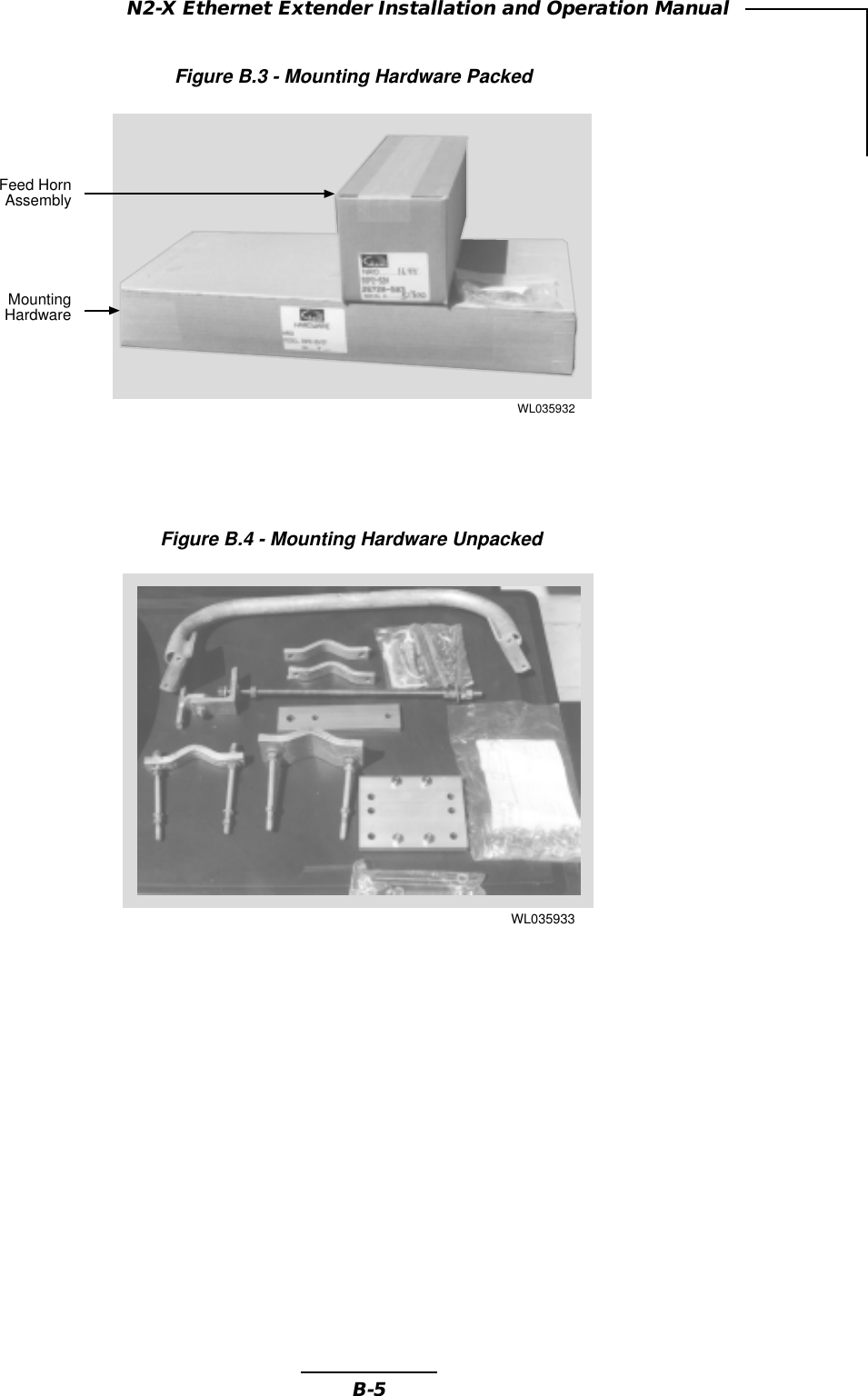 B-5N2-X Ethernet Extender Installation and Operation ManualFigure B.3 - Mounting Hardware PackedFigure B.4 - Mounting Hardware UnpackedWL035932Feed HornAssemblyMountingHardwareWL035933