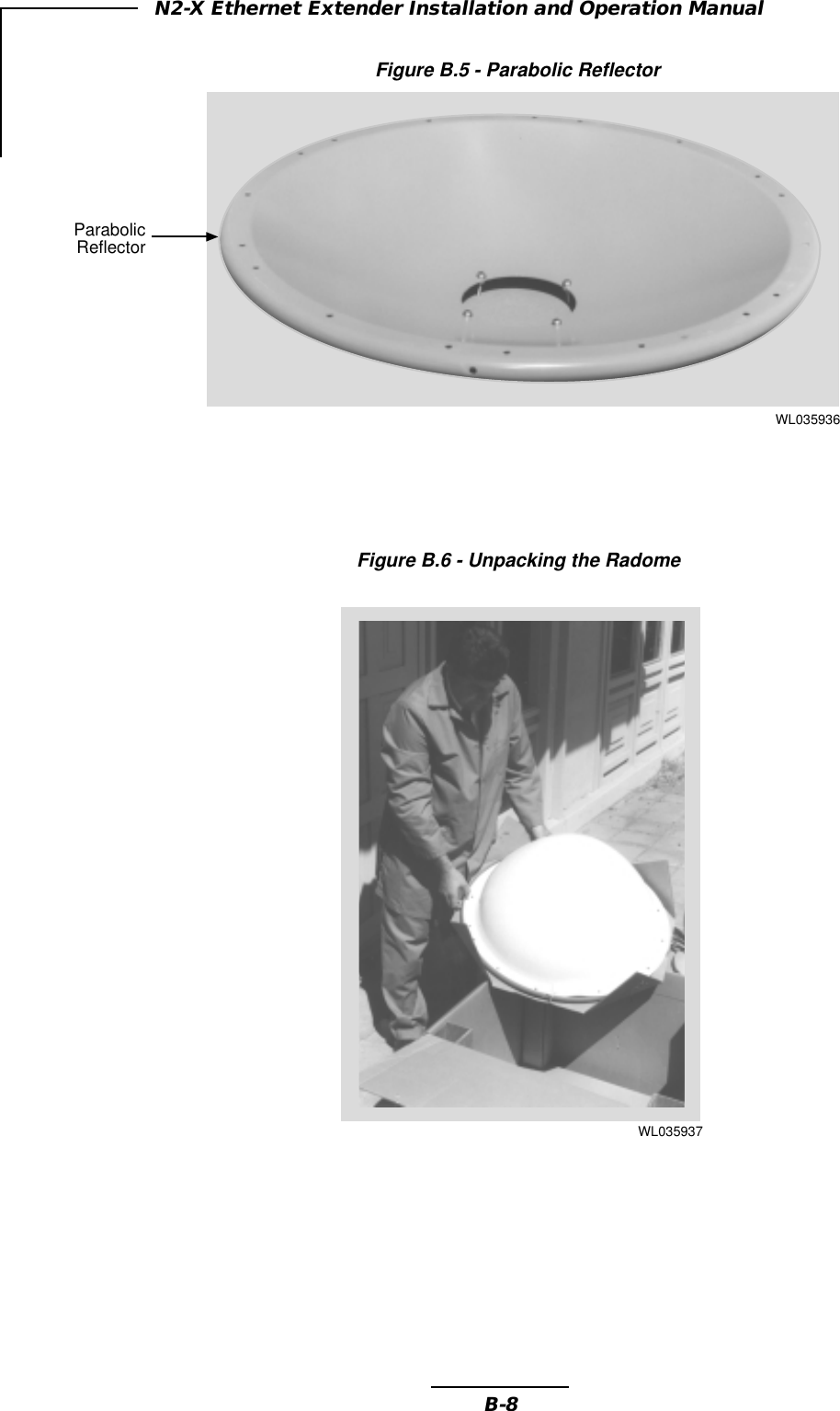 B-8N2-X Ethernet Extender Installation and Operation ManualFigure B.5 - Parabolic ReflectorFigure B.6 - Unpacking the RadomeWL035936ParabolicReflectorWL035937