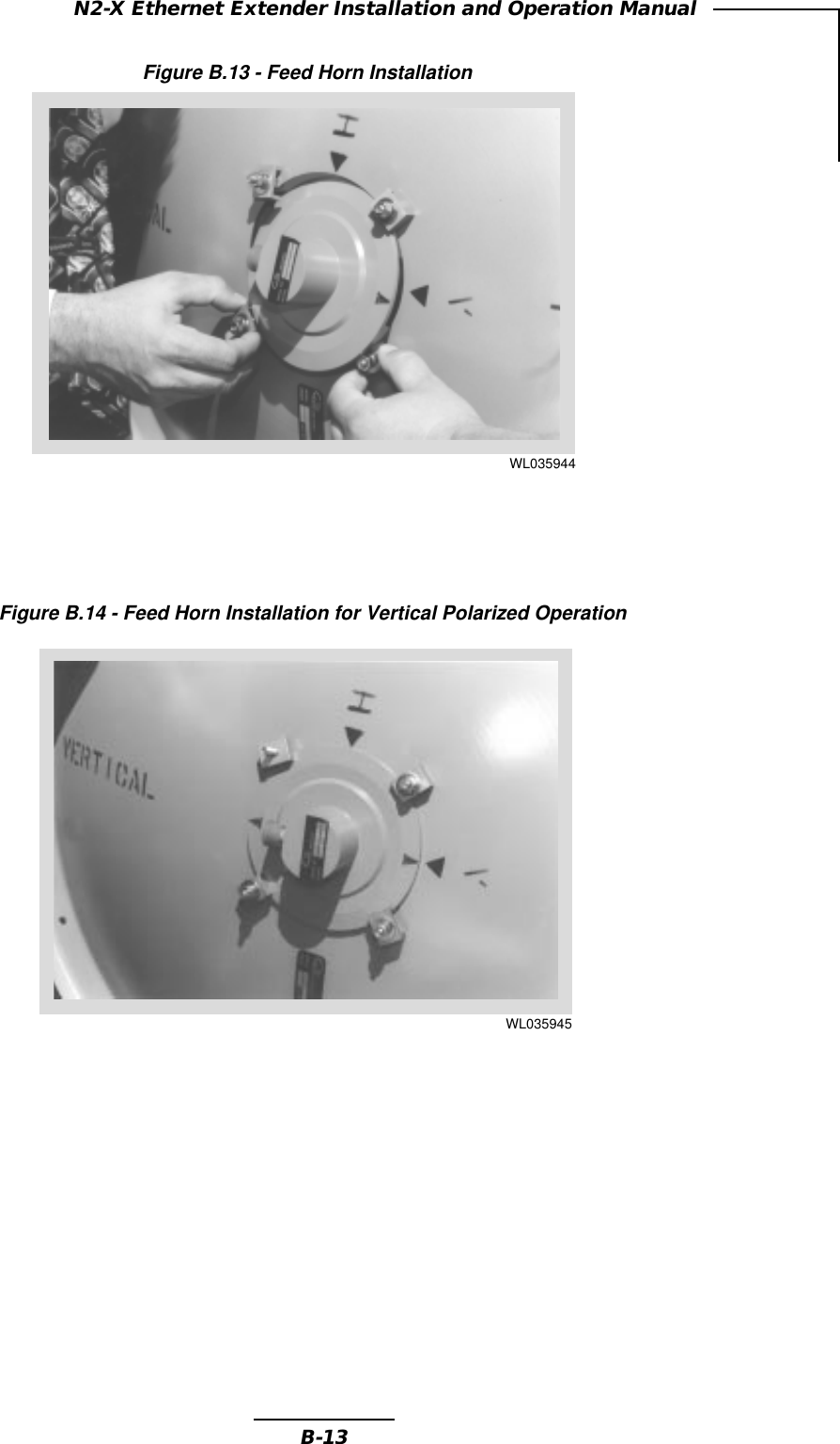 B-13N2-X Ethernet Extender Installation and Operation ManualFigure B.13 - Feed Horn InstallationFigure B.14 - Feed Horn Installation for Vertical Polarized OperationWL035945WL035944