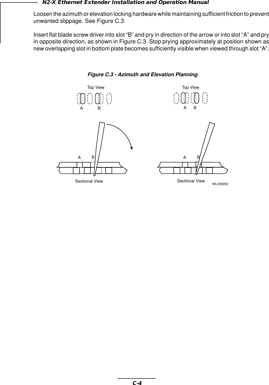 C-4N2-X Ethernet Extender Installation and Operation ManualLoosen the azimuth or elevation locking hardware while maintaining sufficient friction to preventunwanted slippage. See Figure C.3.Insert flat blade screw driver into slot “B” and pry in direction of the arrow or into slot “A” and pryin opposite direction, as shown in Figure C.3. Stop prying approximately at position shown asnew overlapping slot in bottom plate becomes sufficiently visible when viewed through slot “A”.Figure C.3 - Azimuth and Elevation PlanningABABTop ViewSectional ViewSectional ViewTop ViewWL035952ABAB