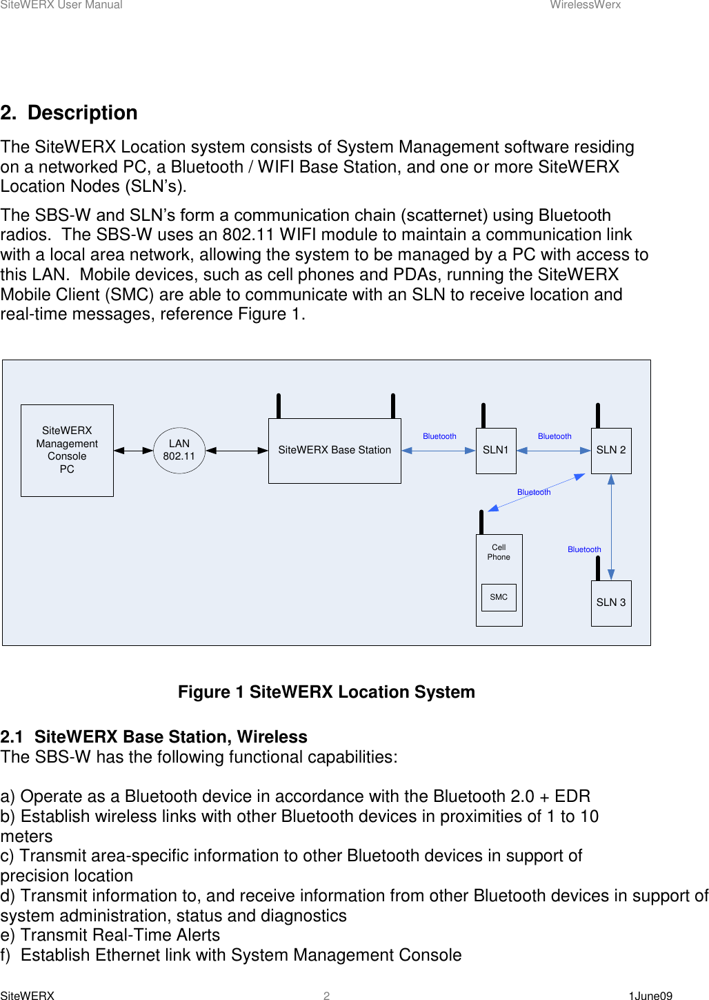 SiteWERX User Manual    WirelessWerx SiteWERX    1June09  2  2.  Description The SiteWERX Location system consists of System Management software residing on a networked PC, a Bluetooth / WIFI Base Station, and one or more SiteWERX Location Nodes (SLN’s). The SBS-W and SLN’s form a communication chain (scatternet) using Bluetooth radios.  The SBS-W uses an 802.11 WIFI module to maintain a communication link with a local area network, allowing the system to be managed by a PC with access to this LAN.  Mobile devices, such as cell phones and PDAs, running the SiteWERX Mobile Client (SMC) are able to communicate with an SLN to receive location and real-time messages, reference Figure 1.  SiteWERX Management ConsolePCLAN802.11 SiteWERX Base Station SLN1Bluetooth BluetoothSLN 2SLN 3BluetoothCell PhoneSMCBluetooth  Figure 1 SiteWERX Location System  2.1  SiteWERX Base Station, Wireless The SBS-W has the following functional capabilities:  a) Operate as a Bluetooth device in accordance with the Bluetooth 2.0 + EDR b) Establish wireless links with other Bluetooth devices in proximities of 1 to 10 meters c) Transmit area-specific information to other Bluetooth devices in support of precision location d) Transmit information to, and receive information from other Bluetooth devices in support of system administration, status and diagnostics e) Transmit Real-Time Alerts f)  Establish Ethernet link with System Management Console 