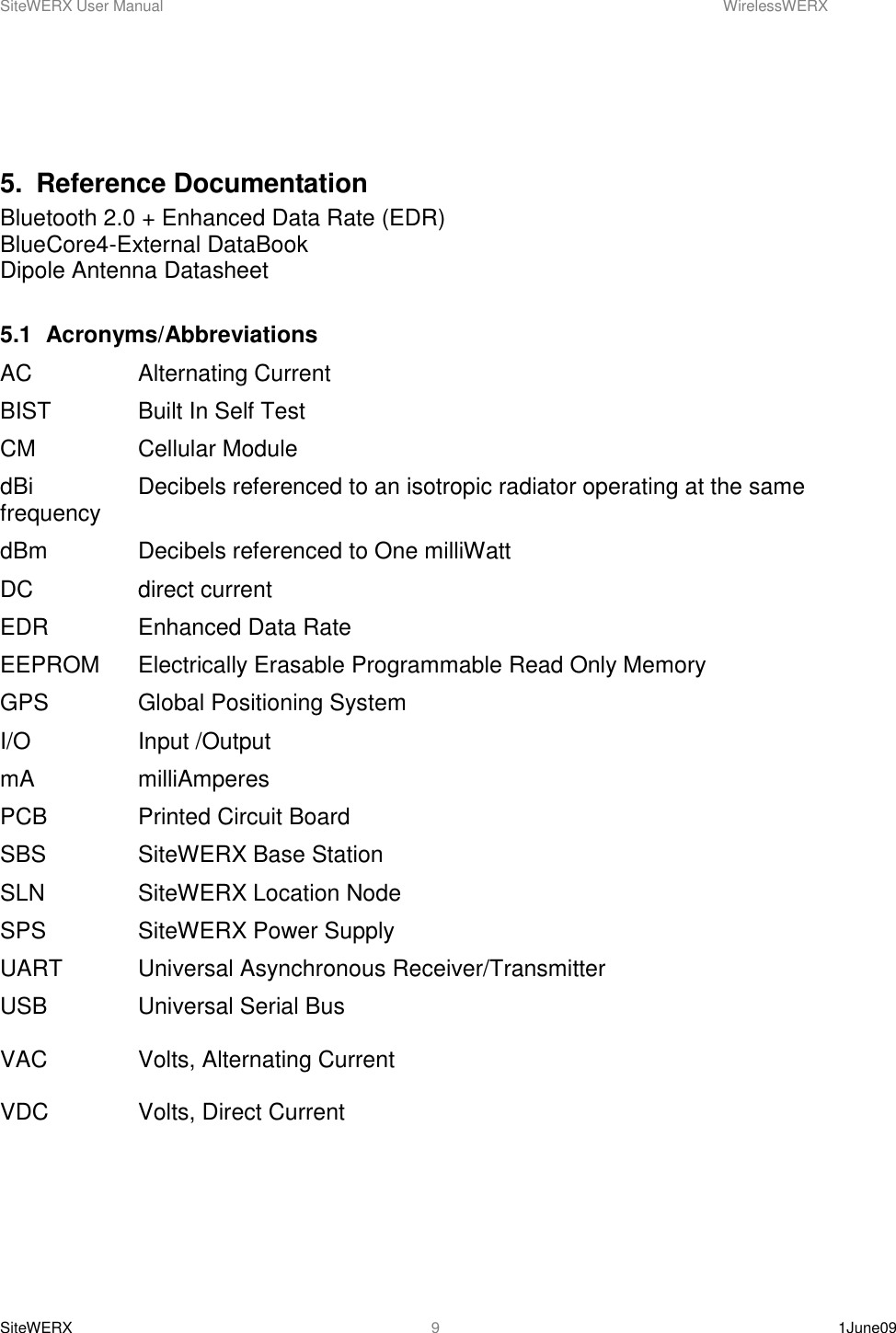 SiteWERX User Manual    WirelessWERX SiteWERX    1June09  9   5.  Reference Documentation Bluetooth 2.0 + Enhanced Data Rate (EDR) BlueCore4-External DataBook Dipole Antenna Datasheet  5.1  Acronyms/Abbreviations AC    Alternating Current BIST    Built In Self Test CM    Cellular Module dBi    Decibels referenced to an isotropic radiator operating at the same frequency dBm    Decibels referenced to One milliWatt DC    direct current EDR    Enhanced Data Rate EEPROM  Electrically Erasable Programmable Read Only Memory GPS    Global Positioning System I/O    Input /Output mA    milliAmperes PCB    Printed Circuit Board SBS    SiteWERX Base Station SLN    SiteWERX Location Node SPS    SiteWERX Power Supply UART   Universal Asynchronous Receiver/Transmitter USB    Universal Serial Bus  VAC    Volts, Alternating Current  VDC    Volts, Direct Current  