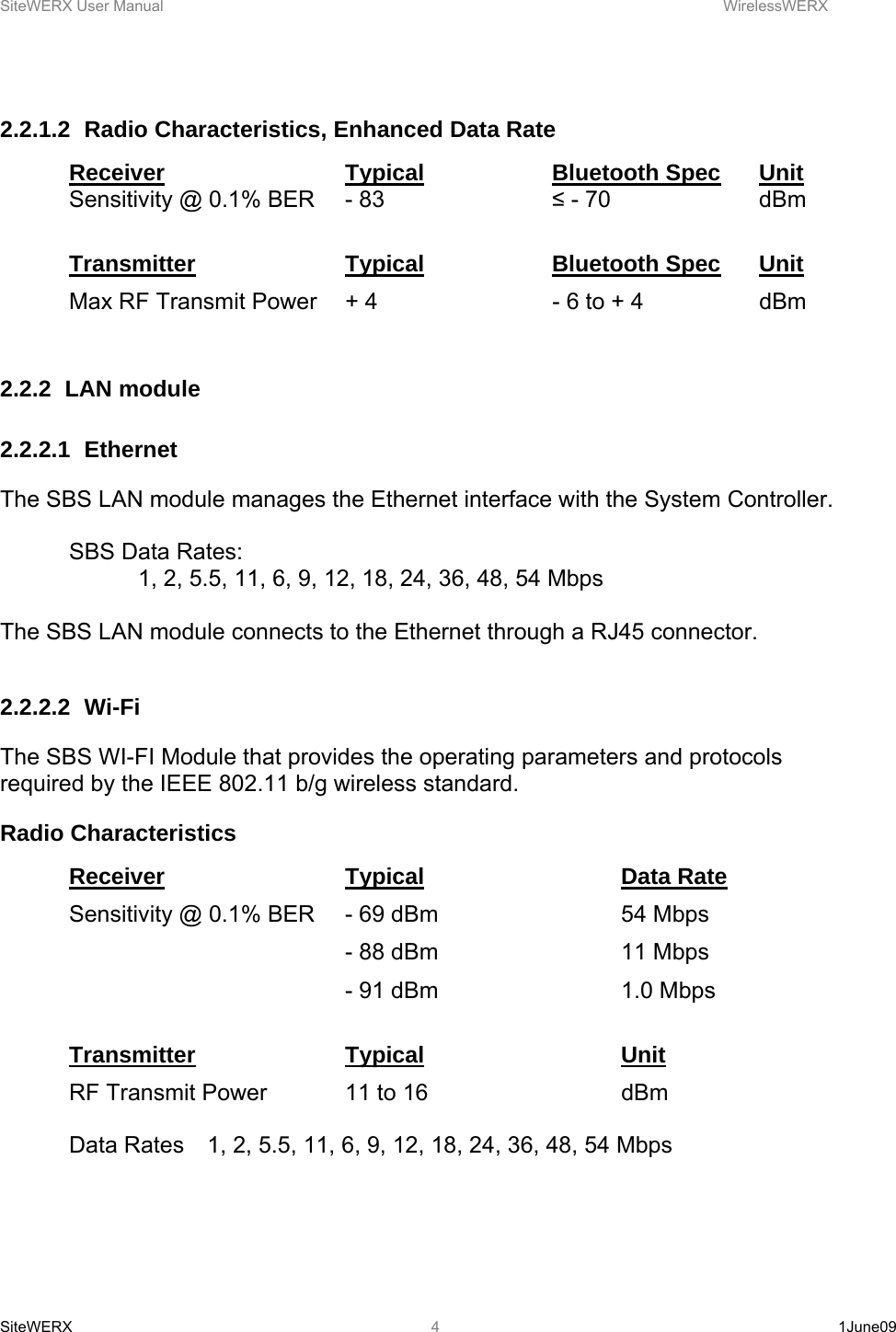 SiteWERX User Manual    WirelessWERX SiteWERX   1June09  4 2.2.1.2  Radio Characteristics, Enhanced Data Rate Receiver   Typical   Bluetooth Spec Unit Sensitivity @ 0.1% BER  - 83       ≤ - 70      dBm  Transmitter   Typical   Bluetooth Spec Unit Max RF Transmit Power  + 4       - 6 to + 4    dBm  2.2.2 LAN module 2.2.2.1 Ethernet The SBS LAN module manages the Ethernet interface with the System Controller.    SBS Data Rates: 1, 2, 5.5, 11, 6, 9, 12, 18, 24, 36, 48, 54 Mbps  The SBS LAN module connects to the Ethernet through a RJ45 connector.  2.2.2.2 Wi-Fi The SBS WI-FI Module that provides the operating parameters and protocols required by the IEEE 802.11 b/g wireless standard.   Radio Characteristics Receiver   Typical   Data Rate Sensitivity @ 0.1% BER  - 69 dBm       54 Mbps     - 88 dBm   11 Mbps     - 91 dBm   1.0 Mbps  Transmitter   Typical   Unit RF Transmit Power   11 to 16       dBm  Data Rates  1, 2, 5.5, 11, 6, 9, 12, 18, 24, 36, 48, 54 Mbps   