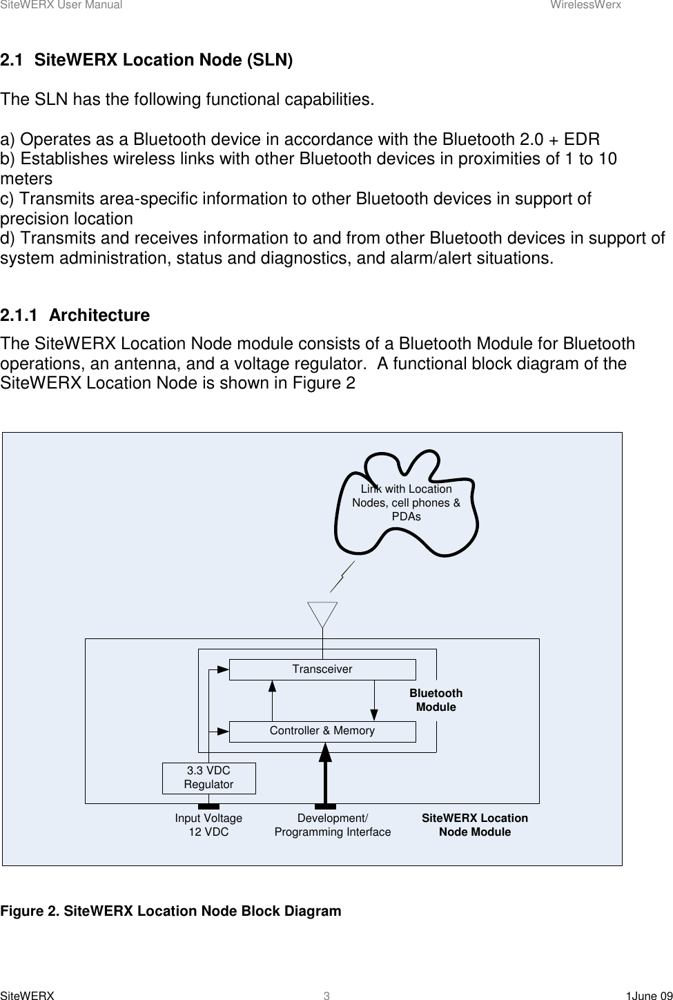 SiteWERX User Manual    WirelessWerx SiteWERX    1June 09  3 2.1  SiteWERX Location Node (SLN)  The SLN has the following functional capabilities.  a) Operates as a Bluetooth device in accordance with the Bluetooth 2.0 + EDR b) Establishes wireless links with other Bluetooth devices in proximities of 1 to 10 meters c) Transmits area-specific information to other Bluetooth devices in support of precision location d) Transmits and receives information to and from other Bluetooth devices in support of system administration, status and diagnostics, and alarm/alert situations.  2.1.1  Architecture The SiteWERX Location Node module consists of a Bluetooth Module for Bluetooth operations, an antenna, and a voltage regulator.  A functional block diagram of the SiteWERX Location Node is shown in Figure 2  Input Voltage 12 VDC TransceiverController &amp; MemoryLink with Location Nodes, cell phones &amp; PDAsBluetooth ModuleDevelopment/Programming Interface3.3 VDC RegulatorSiteWERX Location Node Module  Figure 2. SiteWERX Location Node Block Diagram 