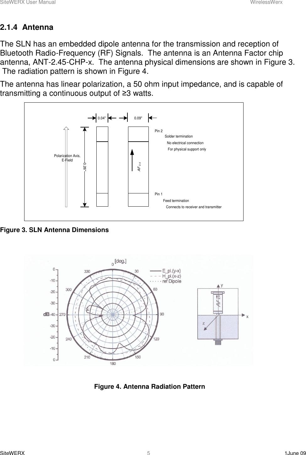 SiteWERX User Manual    WirelessWerx SiteWERX    1June 09  5 2.1.4  Antenna The SLN has an embedded dipole antenna for the transmission and reception of Bluetooth Radio-Frequency (RF) Signals.  The antenna is an Antenna Factor chip antenna, ANT-2.45-CHP-x.  The antenna physical dimensions are shown in Figure 3.  The radiation pattern is shown in Figure 4. The antenna has linear polarization, a 50 ohm input impedance, and is capable of transmitting a continuous output of ≥3 watts.   AF 2.40.09&quot;Pin 1Feed terminationPin 2No electrical connectionFor physical support onlySolder termination0.26&quot;0.04&quot;Connects to receiver and transmitterPolarization Axis, E-Field Figure 3. SLN Antenna Dimensions    Figure 4. Antenna Radiation Pattern    
