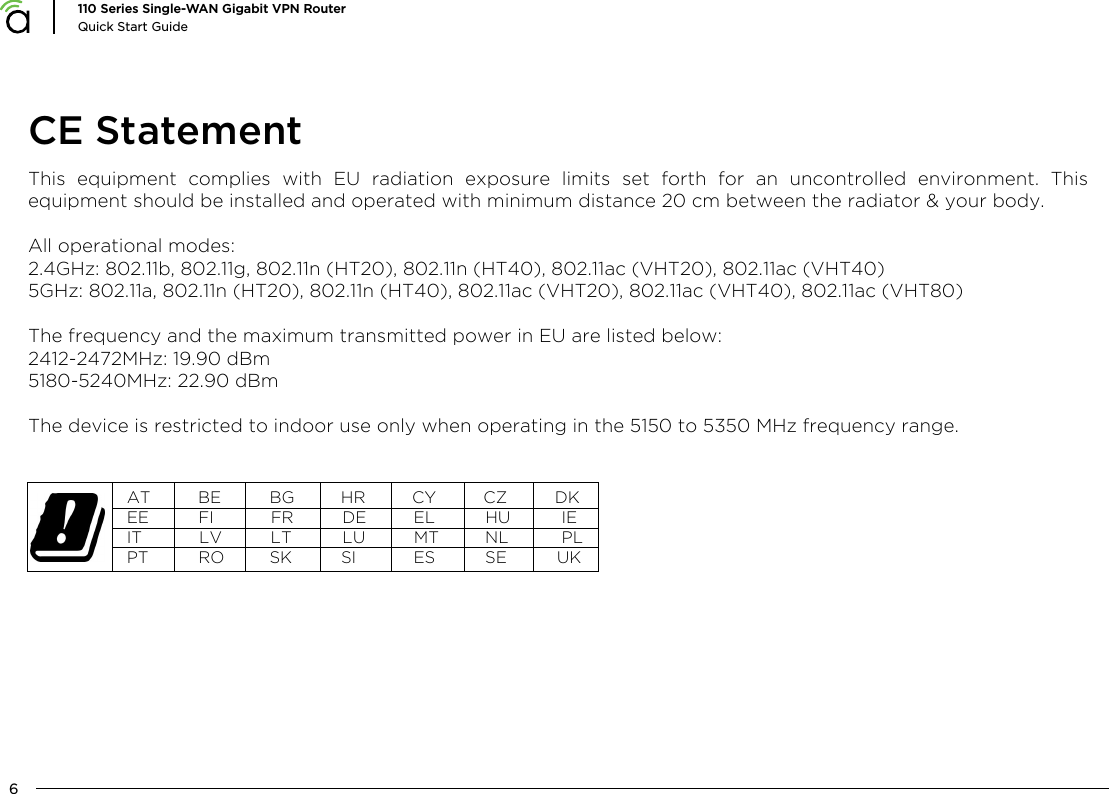 AT  BE  BG  HR  CY  CZ  DKEE  FI  FR  DE  EL  HU   IEIT  LV  LT  LU  MT  NL   PLPT  RO  SK  SI  ES  SE  UK6110 Series Single-WAN Gigabit VPN RouterQuick Start GuideCE StatementThis  equipment  complies  with  EU  radiation  exposure  limits  set  forth  for  an  uncontrolled  environment.  This equipment should be installed and operated with minimum distance 20 cm between the radiator &amp; your body.All operational modes:2.4GHz: 802.11b, 802.11g, 802.11n (HT20), 802.11n (HT40), 802.11ac (VHT20), 802.11ac (VHT40)5GHz: 802.11a, 802.11n (HT20), 802.11n (HT40), 802.11ac (VHT20), 802.11ac (VHT40), 802.11ac (VHT80)The frequency and the maximum transmitted power in EU are listed below:2412-2472MHz: 19.90 dBm 5180-5240MHz: 22.90 dBmThe device is restricted to indoor use only when operating in the 5150 to 5350 MHz frequency range.