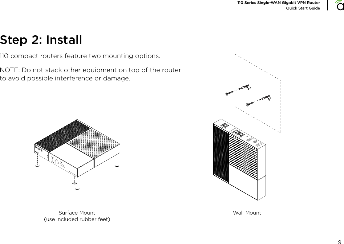 9110 Series Single-WAN Gigabit VPN RouterQuick Start GuideStep 2: Install110 compact routers feature two mounting options. NOTE: Do not stack other equipment on top of the router to avoid possible interference or damage.Surface Mount(use included rubber feet)Wall Mount
