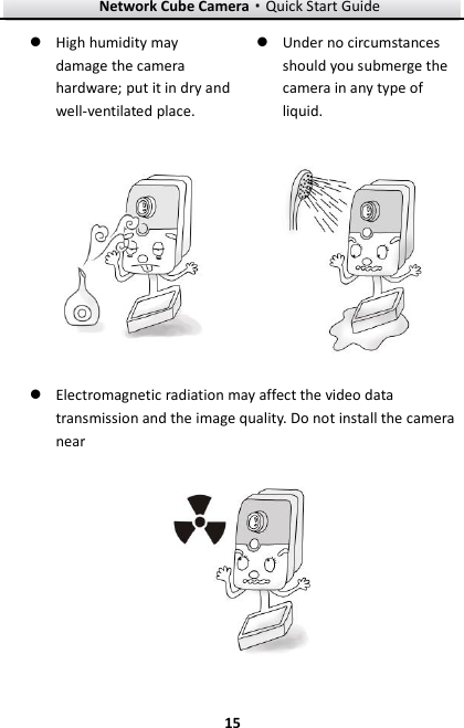 Network Cube Camera&middot;Quick Start Guide  15 15  High humidity may damage the camera hardware; put it in dry and well-ventilated place.   Under no circumstances should you submerge the camera in any type of liquid.    Electromagnetic radiation may affect the video data transmission and the image quality. Do not install the camera near    