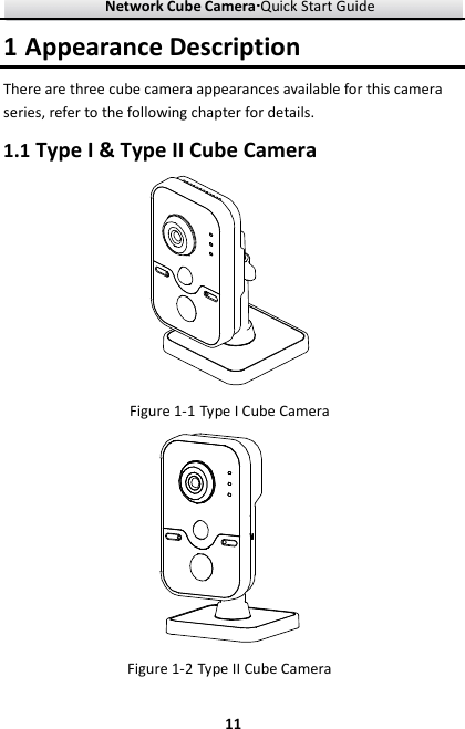 Network Cube Camera····Quick Start Guide     111 Appearance Description There are three cube camera appearances available for this camera series, refer to the following chapter for details. 1.1 Type I &amp; Type II Cube Camera  Figure 1-1 Type I Cube Camera    Figure 1-2 Type II Cube Camera 