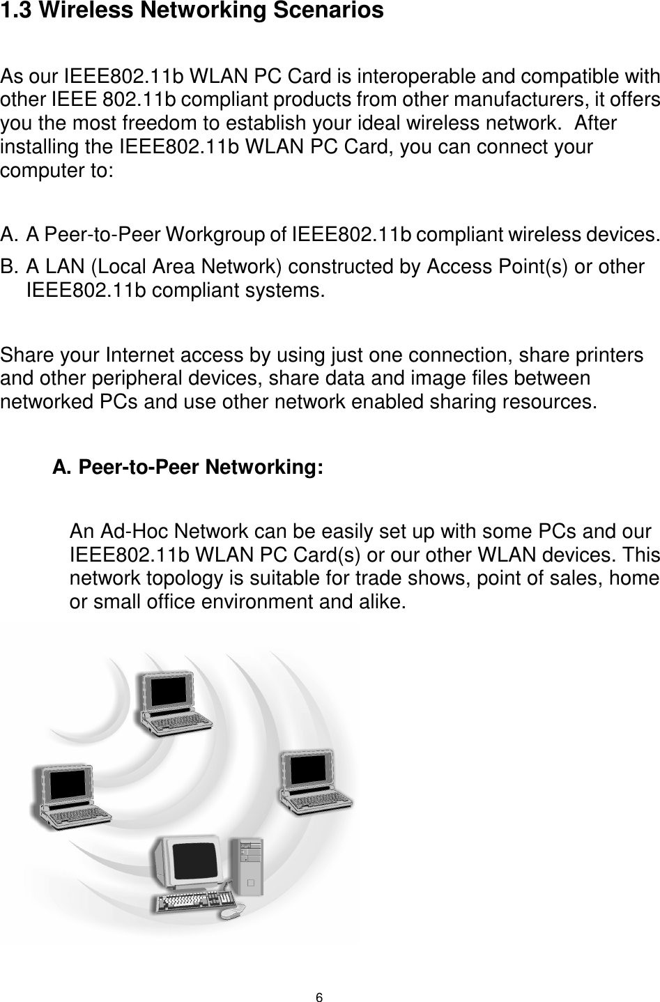  6 1.3 Wireless Networking Scenarios  As our IEEE802.11b WLAN PC Card is interoperable and compatible with other IEEE 802.11b compliant products from other manufacturers, it offers you the most freedom to establish your ideal wireless network.  After installing the IEEE802.11b WLAN PC Card, you can connect your computer to:  A. A Peer-to-Peer Workgroup of IEEE802.11b compliant wireless devices. B. A LAN (Local Area Network) constructed by Access Point(s) or other IEEE802.11b compliant systems.  Share your Internet access by using just one connection, share printers and other peripheral devices, share data and image files between networked PCs and use other network enabled sharing resources.  A. Peer-to-Peer Networking:  An Ad-Hoc Network can be easily set up with some PCs and our IEEE802.11b WLAN PC Card(s) or our other WLAN devices. This network topology is suitable for trade shows, point of sales, home or small office environment and alike.  