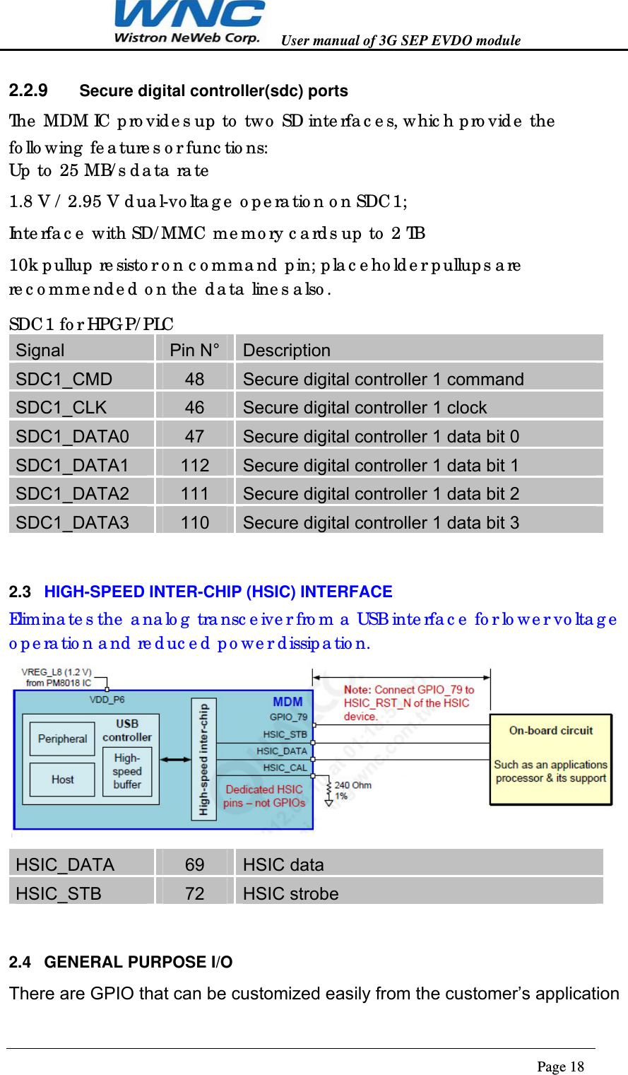   User manual of 3G SEP EVDO module                                                                      Page 18  2.2.9  Secure digital controller(sdc) ports The MDM IC provides up to two SD interfaces, which provide the following features or functions: Up to 25 MB/s data rate   1.8 V / 2.95 V dual-voltage operation on SDC1;   Interface with SD/MMC memory cards up to 2 TB   10k pullup resistor on command pin; placeholder pullups are recommended on the data lines also.   SDC1 for HPGP/PLC Signal  Pin N°  Description SDC1_CMD  48  Secure digital controller 1 command SDC1_CLK  46  Secure digital controller 1 clock SDC1_DATA0  47  Secure digital controller 1 data bit 0 SDC1_DATA1  112  Secure digital controller 1 data bit 1 SDC1_DATA2  111  Secure digital controller 1 data bit 2 SDC1_DATA3  110  Secure digital controller 1 data bit 3 2.3  HIGH-SPEED INTER-CHIP (HSIC) INTERFACE Eliminates the analog transceiver from a USB interface for lower voltage operation and reduced power dissipation.  HSIC_DATA  69  HSIC data HSIC_STB  72  HSIC strobe 2.4 GENERAL PURPOSE I/O  There are GPIO that can be customized easily from the customer’s application 
