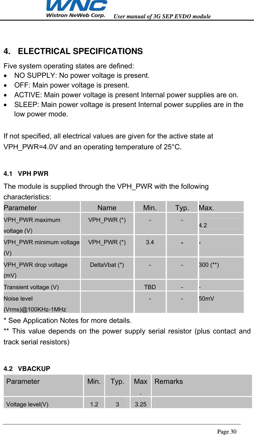   User manual of 3G SEP EVDO module                                                                      Page 30  4. ELECTRICAL SPECIFICATIONS Five system operating states are defined:     NO SUPPLY: No power voltage is present.     OFF: Main power voltage is present.     ACTIVE: Main power voltage is present Internal power supplies are on.     SLEEP: Main power voltage is present Internal power supplies are in the low power mode.    If not specified, all electrical values are given for the active state at VPH_PWR=4.0V and an operating temperature of 25°C. 4.1 VPH PWR The module is supplied through the VPH_PWR with the following characteristics: Parameter  Name  Min.  Typ.  Max. VPH_PWR maximum voltage (V) VPH_PWR (*)  -  -  4.2 VPH_PWR minimum voltage (V) VPH_PWR (*)  3.4  -  - VPH_PWR drop voltage (mV) DeltaVbat (*)  -  -  300 (**) Transient voltage (V)    TBD  -  - Noise level (Vrms)@100KHz-1MHz   -  -  50mV * See Application Notes for more details. ** This value depends on the power supply serial resistor (plus contact and track serial resistors) 4.2 VBACKUP Parameter  Min. Typ. Max. Remarks Voltage level(V)  1.2 3  3.25  
