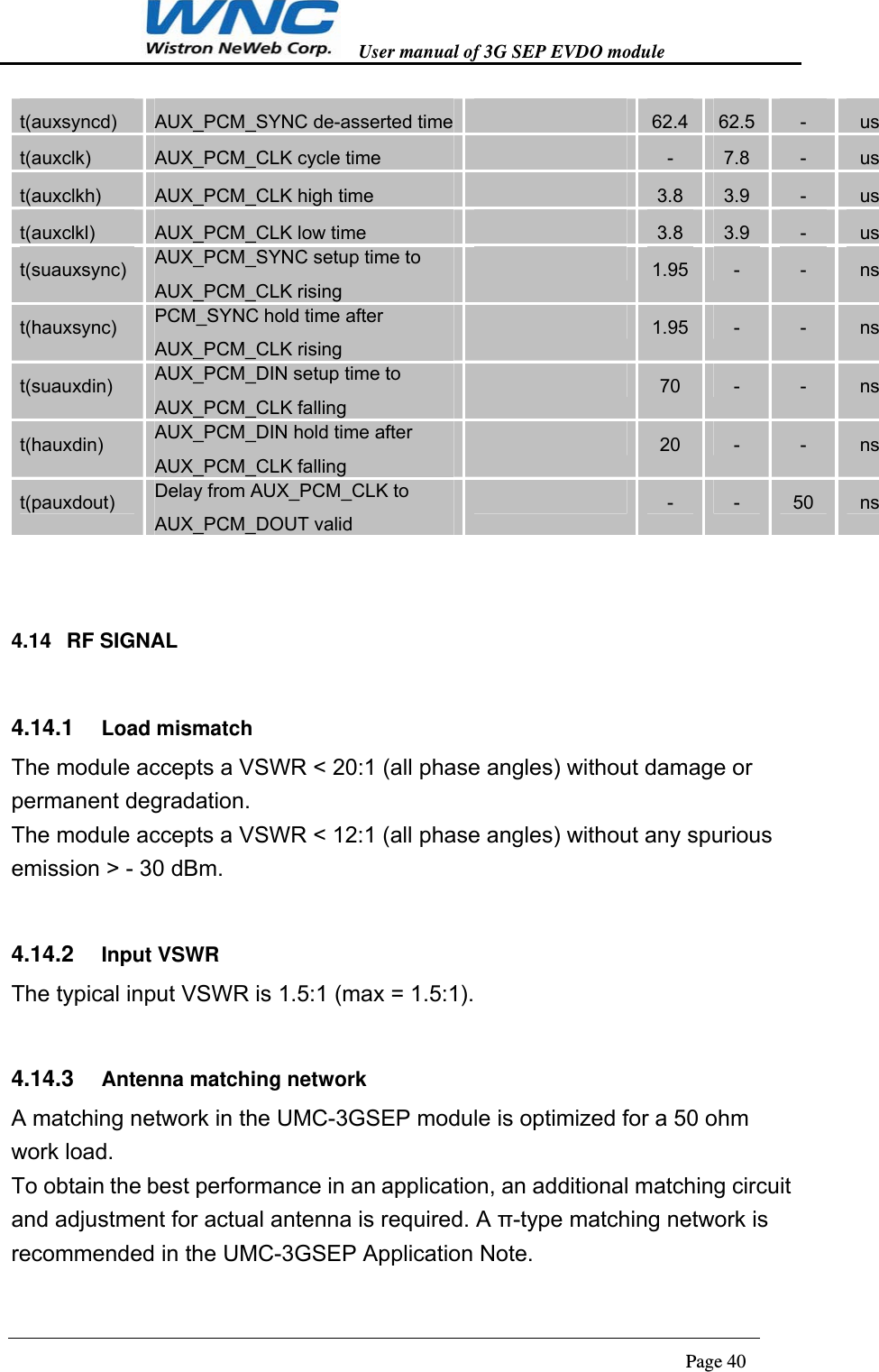   User manual of 3G SEP EVDO module                                                                      Page 40  t(auxsyncd)  AUX_PCM_SYNC de-asserted time  62.4  62.5  -  us t(auxclk)  AUX_PCM_CLK cycle time   -  7.8  -  us t(auxclkh)  AUX_PCM_CLK high time   3.8  3.9  -  us t(auxclkl)  AUX_PCM_CLK low time   3.8  3.9  -  us t(suauxsync)  AUX_PCM_SYNC setup time to AUX_PCM_CLK rising  1.95  -  -  ns t(hauxsync)  PCM_SYNC hold time after AUX_PCM_CLK rising 1.95  -  -  ns t(suauxdin)  AUX_PCM_DIN setup time to AUX_PCM_CLK falling  70  -  -  ns t(hauxdin)  AUX_PCM_DIN hold time after AUX_PCM_CLK falling  20  -  -  ns t(pauxdout)  Delay from AUX_PCM_CLK to AUX_PCM_DOUT valid  -  -  50  ns  4.14   RF SIGNAL   4.14.1  Load mismatch The module accepts a VSWR &lt; 20:1 (all phase angles) without damage or permanent degradation. The module accepts a VSWR &lt; 12:1 (all phase angles) without any spurious emission &gt; - 30 dBm. 4.14.2  Input VSWR The typical input VSWR is 1.5:1 (max = 1.5:1). 4.14.3  Antenna matching network A matching network in the UMC-3GSEP module is optimized for a 50 ohm work load. To obtain the best performance in an application, an additional matching circuit and adjustment for actual antenna is required. A π-type matching network is recommended in the UMC-3GSEP Application Note. 