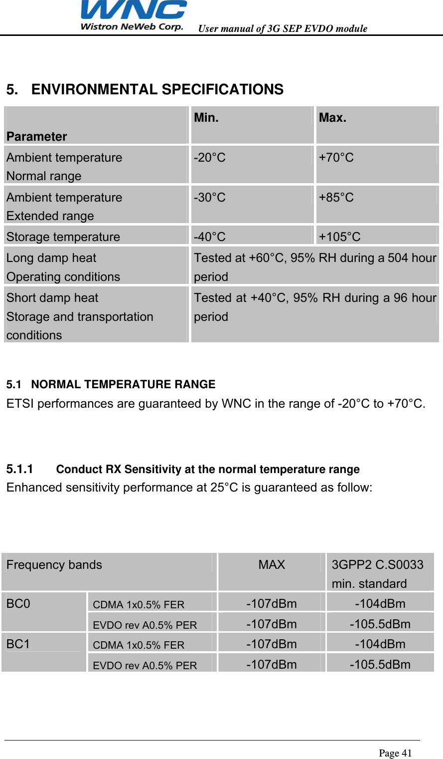   User manual of 3G SEP EVDO module                                                                      Page 41  5. ENVIRONMENTAL SPECIFICATIONS  Parameter Min.  Max. Ambient temperature Normal range -20°C  +70°C Ambient temperature Extended range -30°C  +85°C Storage temperature  -40°C  +105°C Long damp heat Operating conditions Tested at +60°C, 95% RH during a 504 hourperiod Short damp heat Storage and transportation conditions Tested at +40°C, 95% RH during a 96 hourperiod 5.1  NORMAL TEMPERATURE RANGE ETSI performances are guaranteed by WNC in the range of -20°C to +70°C.  5.1.1  Conduct RX Sensitivity at the normal temperature range Enhanced sensitivity performance at 25°C is guaranteed as follow:      Frequency bands  MAX  3GPP2 C.S0033 min. standard BC0  CDMA 1x0.5% FER  -107dBm  -104dBm EVDO rev A0.5% PER  -107dBm  -105.5dBm BC1  CDMA 1x0.5% FER  -107dBm  -104dBm EVDO rev A0.5% PER  -107dBm  -105.5dBm   
