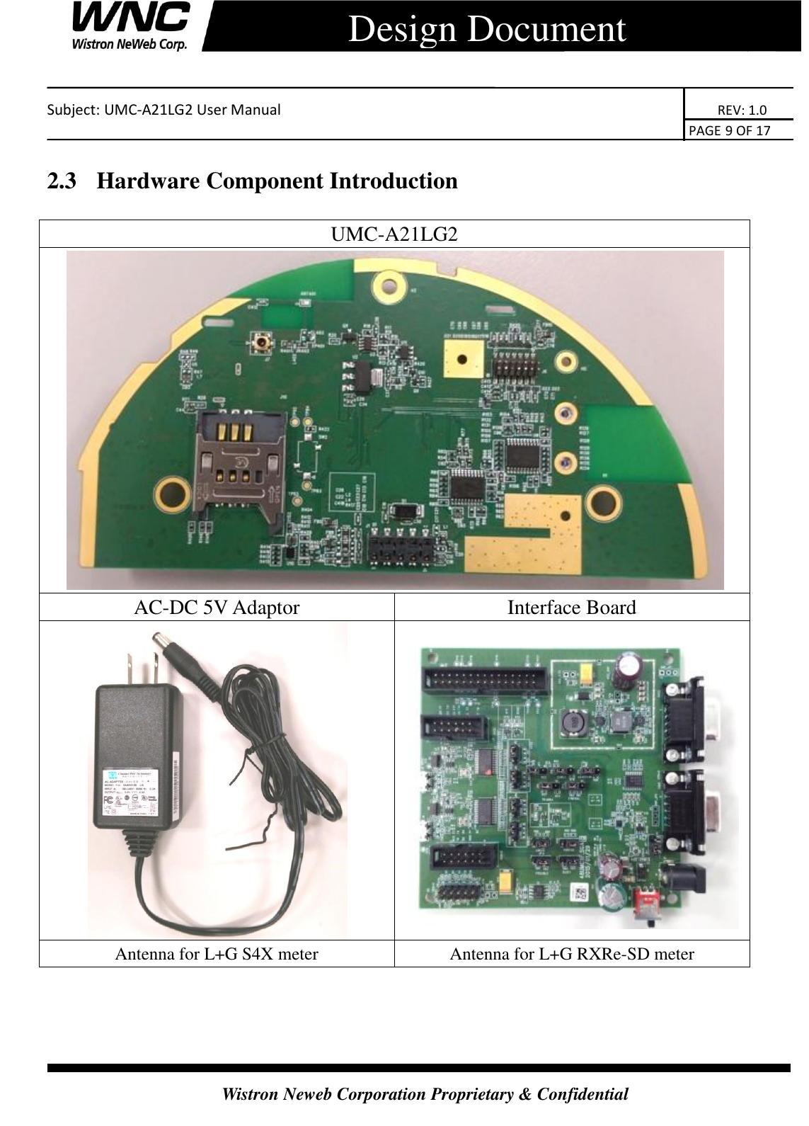    Subject: UMC-A21LG2 User Manual                                                                      REV: 1.0                                                                                        PAGE 9 OF 17  Wistron Neweb Corporation Proprietary &amp; Confidential      Design Document 2.3   Hardware Component Introduction UMC-A21LG2  AC-DC 5V Adaptor Interface Board   Antenna for L+G S4X meter Antenna for L+G RXRe-SD meter 
