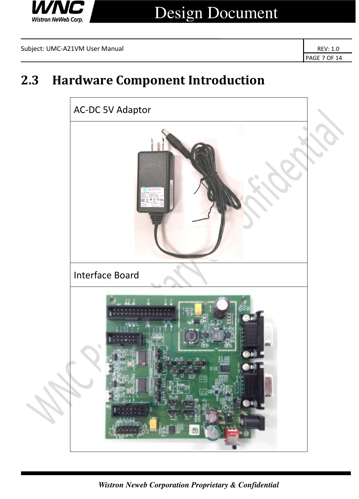    Subject: UMC-A21VM User Manual                                                                      REV: 1.0                                                                                        PAGE 7 OF 14  Wistron Neweb Corporation Proprietary &amp; Confidential      Design Document 2.3 Hardware Component Introduction AC-DC 5V Adaptor  Interface Board  