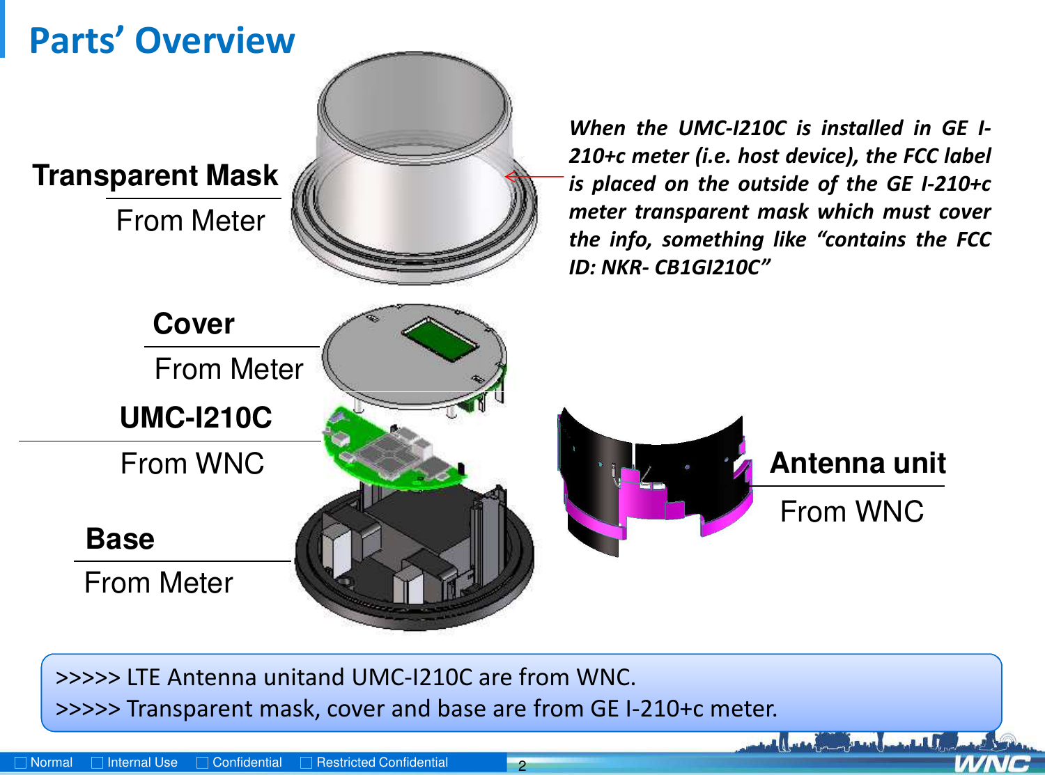 Parts’ OverviewCoverFrom MeterTransparent MaskFrom MeterWhen the UMC-I210C is installed in GE I-210+c meter (i.e. host device), the FCC labelis placed on the outside of the GE I-210+cmeter transparent mask which must coverthe info, something like “contains the FCCID: NKR- CB1GI210C”2□Normal     □Internal Use  □Confidential  □Restricted ConfidentialFrom MeterUMC-I210CBaseAntenna unitFrom WNCFrom WNC&gt;&gt;&gt;&gt;&gt; LTE Antenna unitand UMC-I210C are from WNC.&gt;&gt;&gt;&gt;&gt; Transparent mask, cover and base are from GE I-210+c meter.