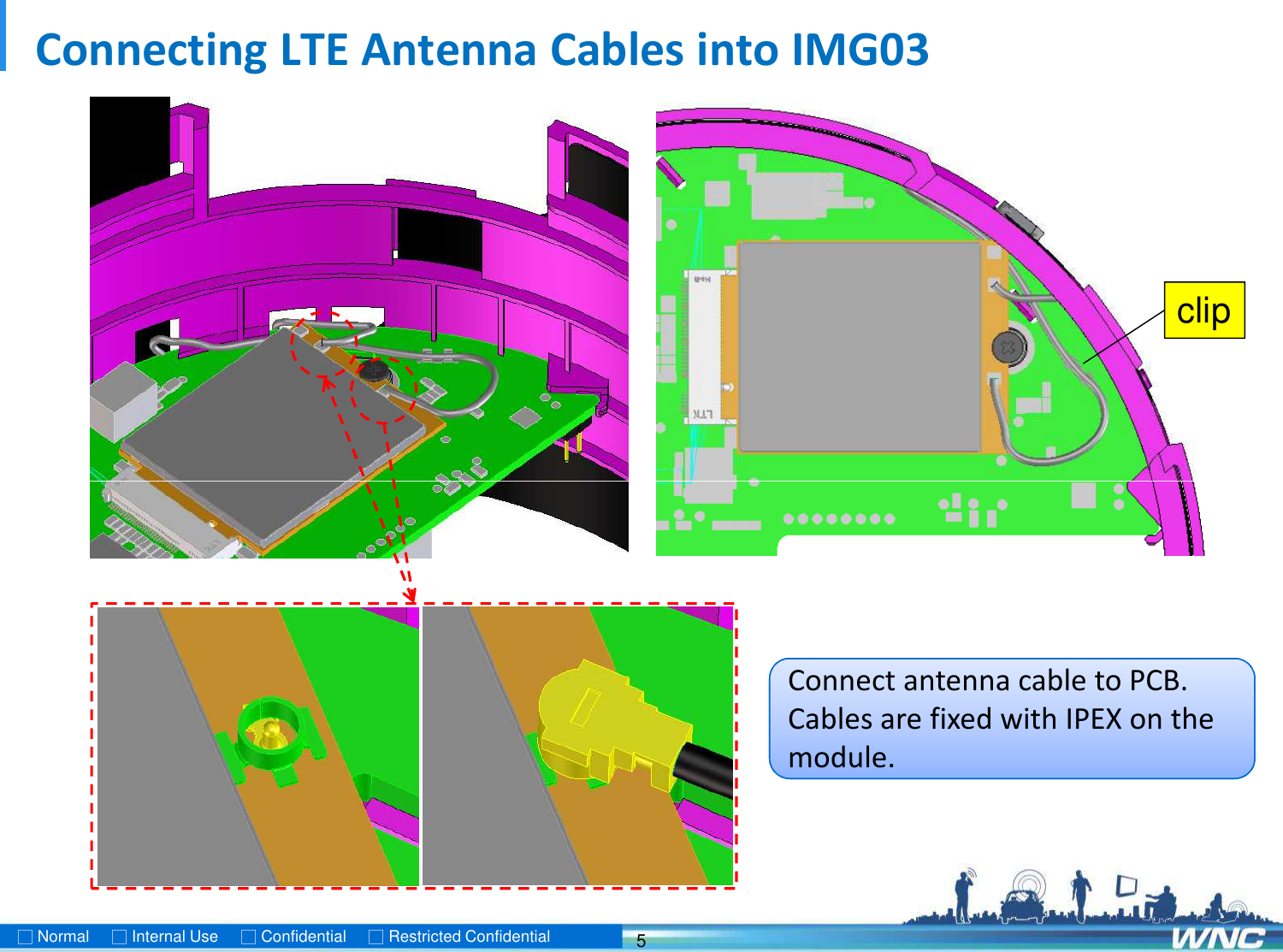 Connecting LTE Antenna Cables into IMG03clip5□Normal     □Internal Use  □Confidential  □Restricted ConfidentialConnect antenna cable to PCB.Cables are fixed with IPEX on the module.
