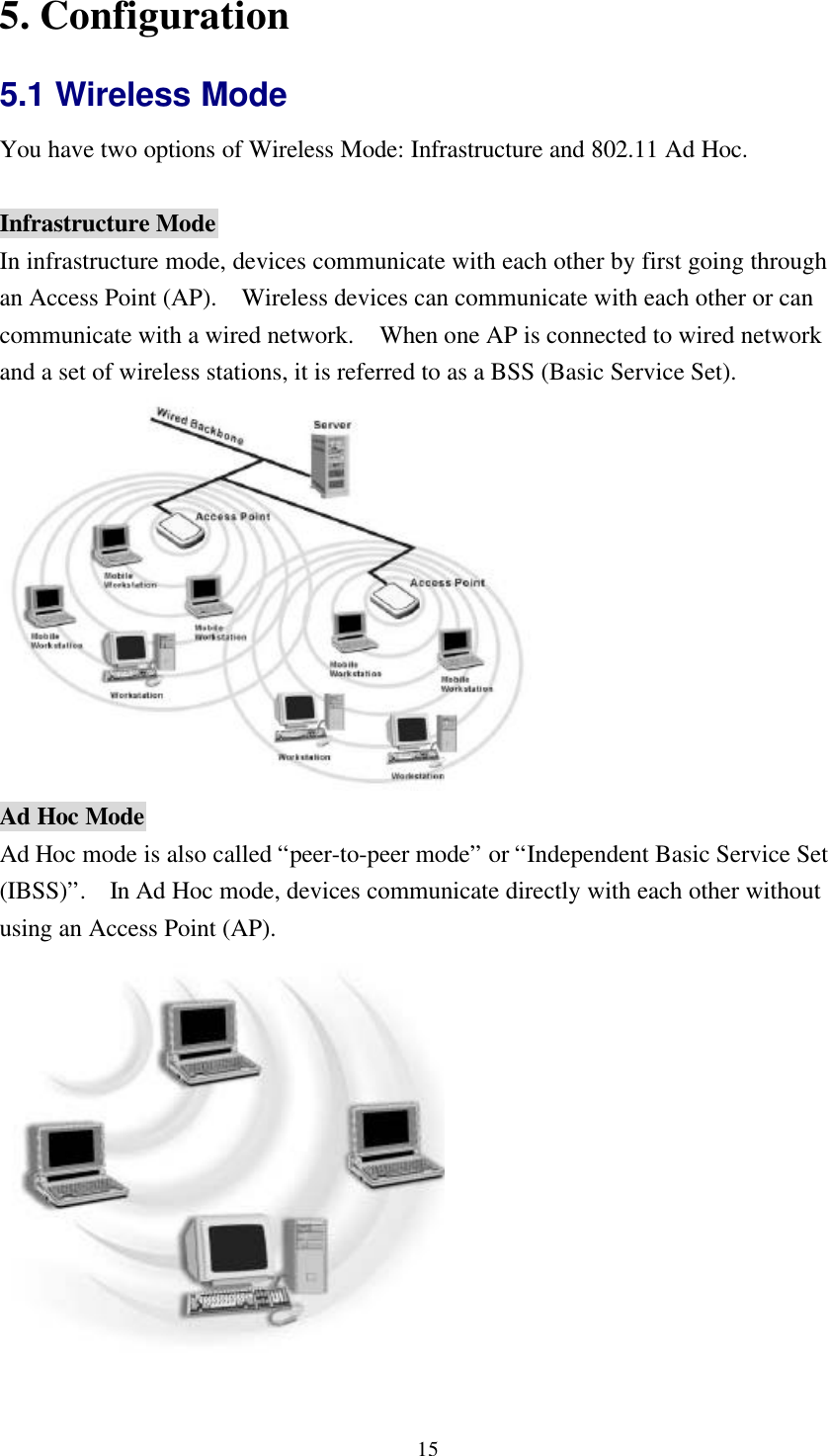 155. Configuration5.1 Wireless ModeYou have two options of Wireless Mode: Infrastructure and 802.11 Ad Hoc.Infrastructure ModeIn infrastructure mode, devices communicate with each other by first going throughan Access Point (AP).  Wireless devices can communicate with each other or cancommunicate with a wired network.  When one AP is connected to wired networkand a set of wireless stations, it is referred to as a BSS (Basic Service Set).Ad Hoc ModeAd Hoc mode is also called “peer-to-peer mode” or “Independent Basic Service Set(IBSS)”.  In Ad Hoc mode, devices communicate directly with each other withoutusing an Access Point (AP).