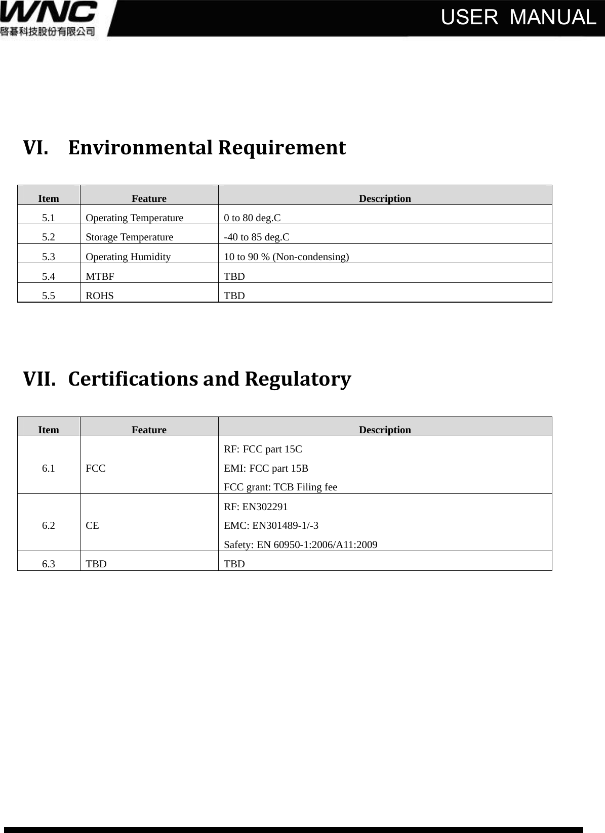   USER  MANUALVI. EnvironmentalRequirementItem  Feature  Description 5.1  Operating Temperature  0 to 80 deg.C 5.2  Storage Temperature  -40 to 85 deg.C 5.3  Operating Humidity  10 to 90 % (Non-condensing) 5.4 MTBF  TBD 5.5 ROHS  TBD VII. CertificationsandRegulatoryItem  Feature  Description 6.1 FCC RF: FCC part 15C EMI: FCC part 15B FCC grant: TCB Filing fee 6.2 CE RF: EN302291 EMC: EN301489-1/-3 Safety: EN 60950-1:2006/A11:2009 6.3 TBD  TBD             