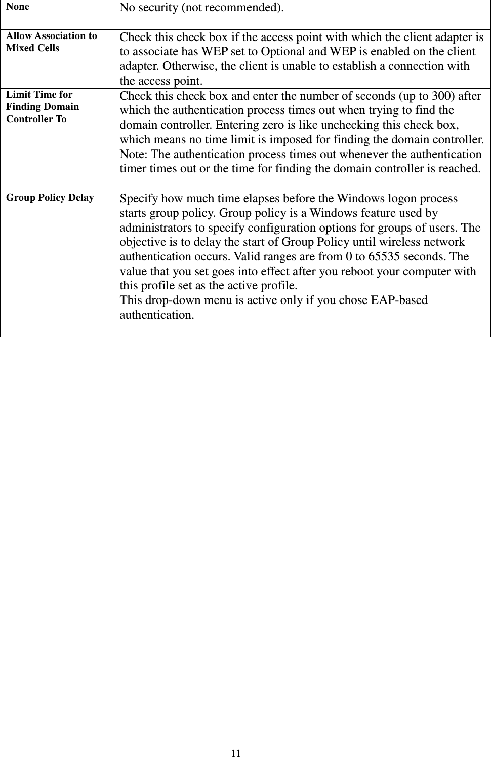  11 None No security (not recommended).  Allow Association to Mixed Cells Check this check box if the access point with which the client adapter is to associate has WEP set to Optional and WEP is enabled on the client adapter. Otherwise, the client is unable to establish a connection with the access point. Limit Time for Finding Domain Controller To Check this check box and enter the number of seconds (up to 300) after which the authentication process times out when trying to find the domain controller. Entering zero is like unchecking this check box, which means no time limit is imposed for finding the domain controller.   Note: The authentication process times out whenever the authentication timer times out or the time for finding the domain controller is reached.    Group Policy Delay Specify how much time elapses before the Windows logon process starts group policy. Group policy is a Windows feature used by administrators to specify configuration options for groups of users. The objective is to delay the start of Group Policy until wireless network authentication occurs. Valid ranges are from 0 to 65535 seconds. The value that you set goes into effect after you reboot your computer with this profile set as the active profile. This drop-down menu is active only if you chose EAP-based authentication.     