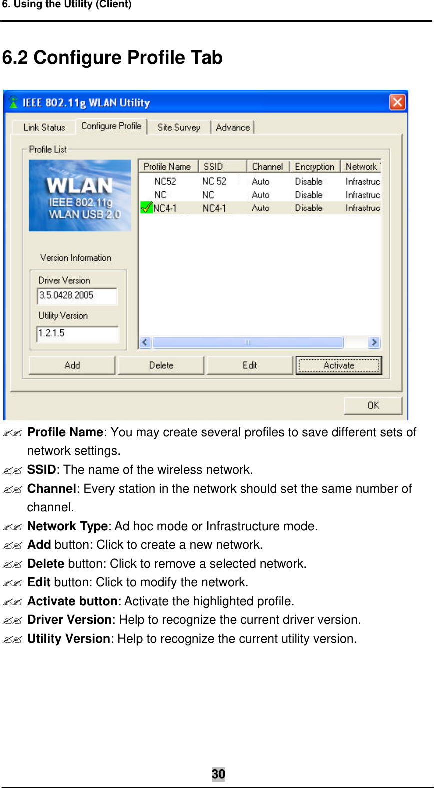 6. Using the Utility (Client)  306.2 Configure Profile Tab   ?? Profile Name: You may create several profiles to save different sets of network settings. ?? SSID: The name of the wireless network. ?? Channel: Every station in the network should set the same number of channel. ?? Network Type: Ad hoc mode or Infrastructure mode. ?? Add button: Click to create a new network. ?? Delete button: Click to remove a selected network. ?? Edit button: Click to modify the network. ?? Activate button: Activate the highlighted profile. ?? Driver Version: Help to recognize the current driver version. ?? Utility Version: Help to recognize the current utility version. 