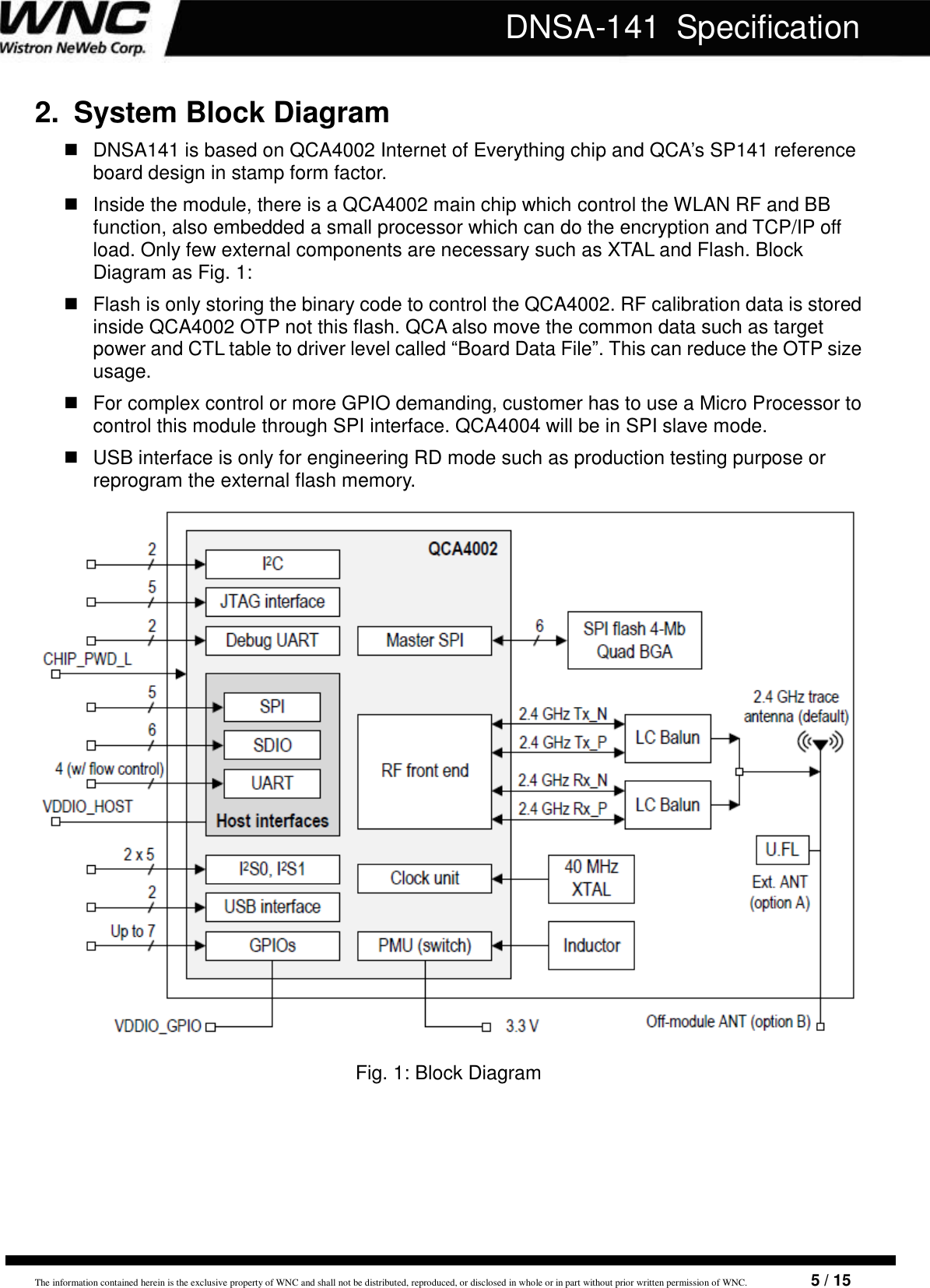   The information contained herein is the exclusive property of WNC and shall not be distributed, reproduced, or disclosed in whole or in part without prior written permission of WNC.                        5 / 15 DNSA-141  Specification 2.  System Block Diagram   DNSA141 is based on QCA4002 Internet of Everything chip and QCA’s SP141 reference board design in stamp form factor.   Inside the module, there is a QCA4002 main chip which control the WLAN RF and BB function, also embedded a small processor which can do the encryption and TCP/IP off load. Only few external components are necessary such as XTAL and Flash. Block Diagram as Fig. 1:   Flash is only storing the binary code to control the QCA4002. RF calibration data is stored inside QCA4002 OTP not this flash. QCA also move the common data such as target power and CTL table to driver level called “Board Data File”. This can reduce the OTP size usage.   For complex control or more GPIO demanding, customer has to use a Micro Processor to control this module through SPI interface. QCA4004 will be in SPI slave mode.   USB interface is only for engineering RD mode such as production testing purpose or reprogram the external flash memory.   Fig. 1: Block Diagram 