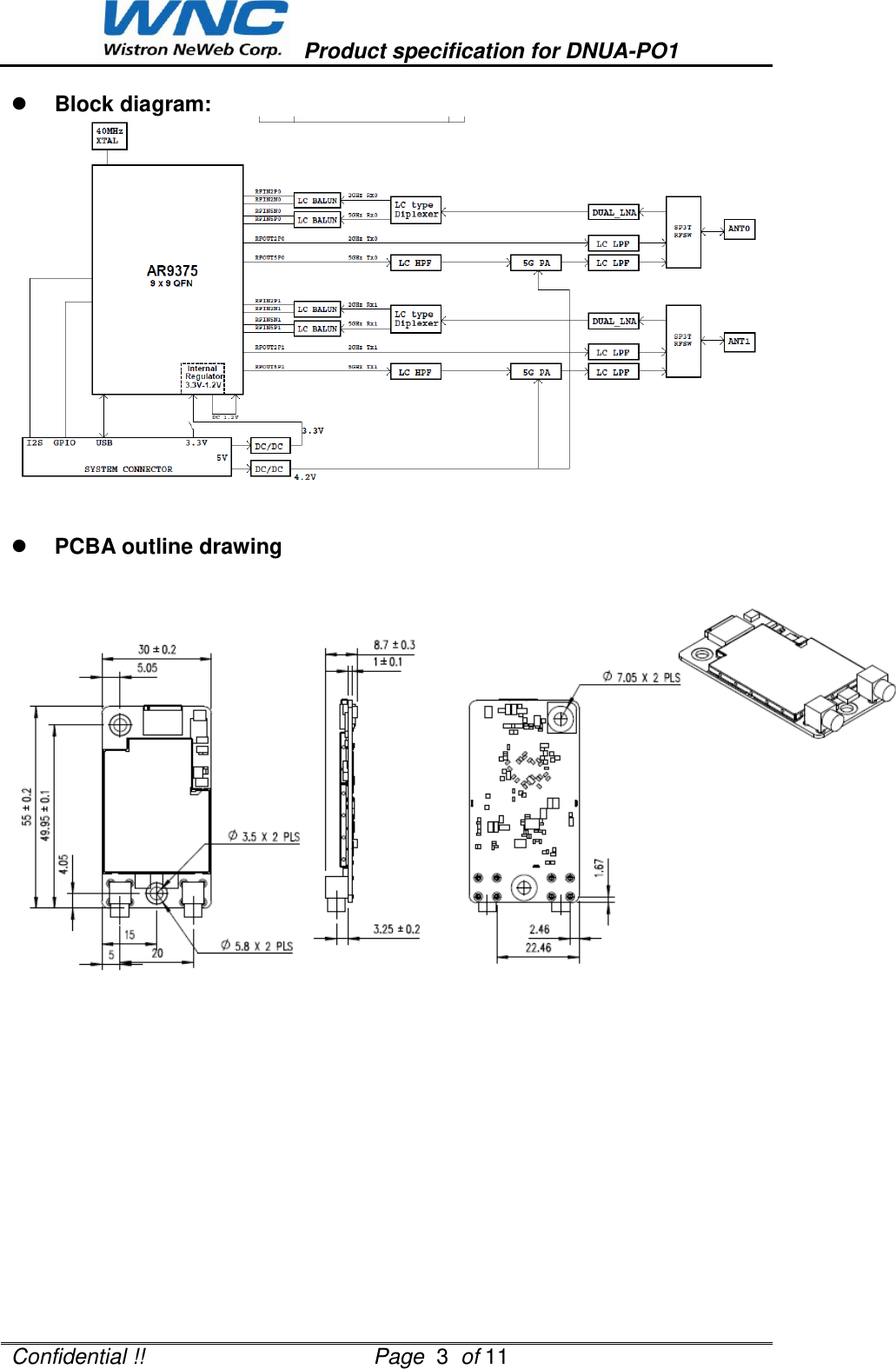   Product specification for DNUA-PO1  Confidential !!                                      Page  3  of 11    Block diagram:     PCBA outline drawing                