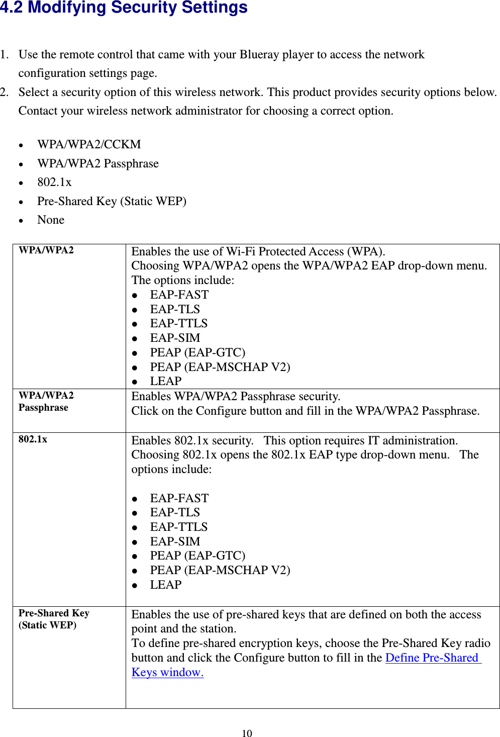  10 4.2 Modifying Security Settings  1. Use the remote control that came with your Blueray player to access the network configuration settings page.   2. Select a security option of this wireless network. This product provides security options below. Contact your wireless network administrator for choosing a correct option.    WPA/WPA2/CCKM    WPA/WPA2 Passphrase    802.1x    Pre-Shared Key (Static WEP)    None   WPA/WPA2 Enables the use of Wi-Fi Protected Access (WPA).    Choosing WPA/WPA2 opens the WPA/WPA2 EAP drop-down menu. The options include:  EAP-FAST  EAP-TLS    EAP-TTLS    EAP-SIM    PEAP (EAP-GTC)    PEAP (EAP-MSCHAP V2)    LEAP   WPA/WPA2 Passphrase Enables WPA/WPA2 Passphrase security.     Click on the Configure button and fill in the WPA/WPA2 Passphrase.    802.1x Enables 802.1x security.   This option requires IT administration.   Choosing 802.1x opens the 802.1x EAP type drop-down menu.   The options include:     EAP-FAST    EAP-TLS    EAP-TTLS    EAP-SIM    PEAP (EAP-GTC)    PEAP (EAP-MSCHAP V2)    LEAP    Pre-Shared Key (Static WEP) Enables the use of pre-shared keys that are defined on both the access point and the station.   To define pre-shared encryption keys, choose the Pre-Shared Key radio button and click the Configure button to fill in the Define Pre-Shared Keys window.     