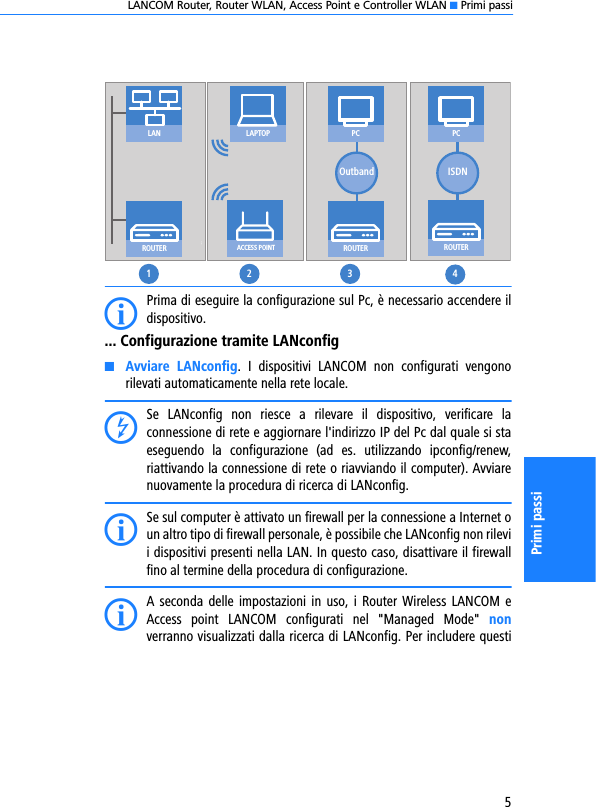 LANCOM Router, Router WLAN, Access Point e Controller WLAN K Primi passi5Primi passiIPrima di eseguire la configurazione sul Pc, è necessario accendere ildispositivo.... Configurazione tramite LANconfigKAvviare  LANconfig.  I  dispositivi  LANCOM  non  configurati  vengonorilevati automaticamente nella rete locale. DSe  LANconfig  non  riesce  a  rilevare  il  dispositivo,  verificare  laconnessione di rete e aggiornare l&apos;indirizzo IP del Pc dal quale si staeseguendo  la  configurazione  (ad  es.  utilizzando  ipconfig/renew,riattivando la connessione di rete o riavviando il computer). Avviarenuovamente la procedura di ricerca di LANconfig. ISe sul computer è attivato un firewall per la connessione a Internet oun altro tipo di firewall personale, è possibile che LANconfig non rilevii dispositivi presenti nella LAN. In questo caso, disattivare il firewallfino al termine della procedura di configurazione.IA seconda delle impostazioni in  uso,  i Router Wireless LANCOM eAccess  point  LANCOM  configurati  nel  &quot;Managed  Mode&quot;  nonverranno visualizzati dalla ricerca di LANconfig. Per includere questiROUTERROUTERROUTERACCESS POINTLAPTOPISDNLAN12 3 4PCOutbandPC