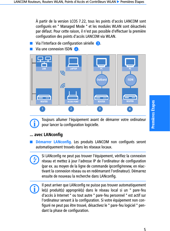 LANCOM Routeurs, Routers WLAN, Points d&apos;Accès et Contrôleurs WLAN E Premières Étapes5Premières ÉtapesÀ partir de la version LCOS 7.22, tous les points d&apos;accès LANCOM sontconfigurés en &quot; Managed Mode &quot; et les modules WLAN sont désactivéspar défaut. Pour cette raison, il n&apos;est pas possible d&apos;effectuer la premièreconfiguration des points d&apos;accès LANCOM via WLAN.KVia l&apos;interface de configuration sérielle  C.KVia une connexion ISDN  D.IToujours  allumer  l&apos;équipement  avant  de  démarrer  votre  ordinateurpour lancer la configuration logicielle.... avec LANconfigKDémarrer  LANconfig.  Les  produits  LANCOM  non  configurés  serontautomatiquement trouvés dans les réseaux locaux.DSi LANconfig ne peut pas trouver l&apos;équipement, vérifiez la connexionréseau et mettez à jour l&apos;adresse IP de l&apos;ordinateur de configuration(par ex. au moyen de la ligne de commande ipconfig/renew, en réac-tivant la connexion réseau ou en redémarrant l&apos;ordinateur). Démarrezensuite de nouveau la recherche dans LANconfig.IIl peut arriver que LANconfig ne puisse pas trouver automatiquementle(s)  produit(s)  approprié(s)  dans  le  réseau  local  si  un  &quot;  pare-feud&apos;accès à Internet &quot; ou tout autre &quot; pare-feu personnel &quot; est actif surl&apos;ordinateur servant à la configuration. Si votre équipement non con-figuré ne peut pas être trouvé, désactivez le &quot; pare-feu logiciel &quot; pen-dant la phase de configuration.ROUTERROUTERROUTERACCESS POINTLAPTOPISDNLAN123 4PCOutbandPC