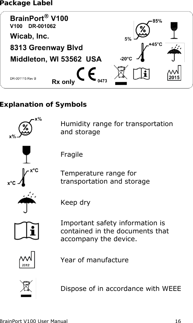 BrainPort V100 User Manual                                                            16 Package Label  Explanation of Symbols  Humidity range for transportation and storage  Fragile  Temperature range for transportation and storage  Keep dry  Important safety information is contained in the documents that accompany the device.  Year of manufacture  Dispose of in accordance with WEEE 
