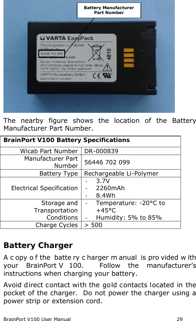 BrainPort V100 User Manual                                                            29  The nearby figure shows the location of the Battery Manufacturer Part Number. BrainPort V100 Battery Specifications Wicab Part Number DR-000839 Manufacturer Part Number 56446 702 099 Battery Type Rechargeable Li-Polymer Electrical Specification -  3.7V -  2260mAh -  8.4Wh Storage and Transportation Conditions - Temperature: -20°C to +45°C -  Humidity: 5% to 85% Charge Cycles &gt; 500  Battery Charger A c opy o f the  batte ry c harger m anual is pro vided w ith your BrainPort V 100.  Follow the manufacturer’s instructions when charging your battery. Avoid direct contact with the gold contacts located in the pocket of the charger.  Do not power the charger using a power strip or extension cord. Battery Manufacturer Part Number 