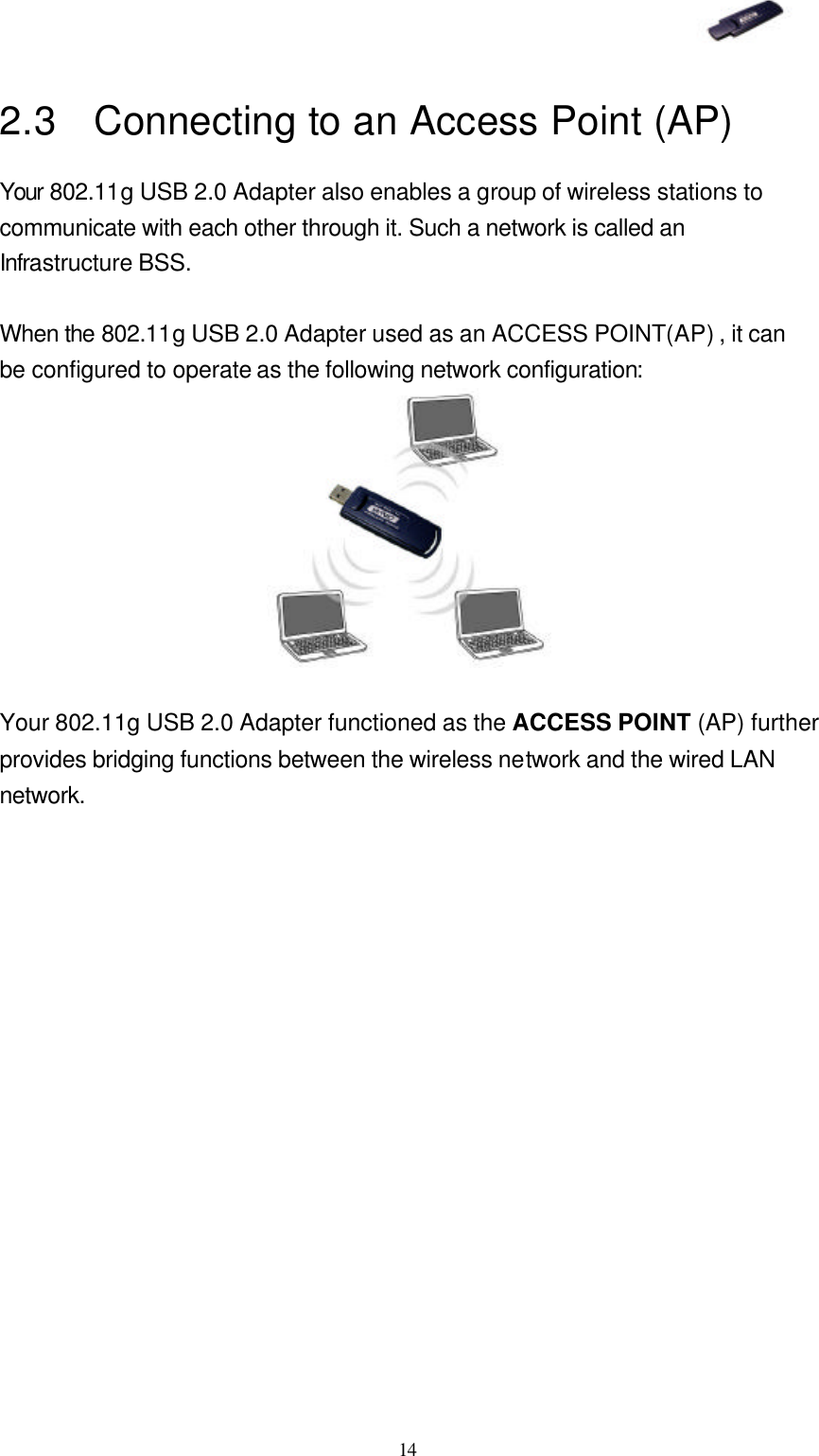   14 2.3 Connecting to an Access Point (AP) Your 802.11g USB 2.0 Adapter also enables a group of wireless stations to communicate with each other through it. Such a network is called an Infrastructure BSS.   When the 802.11g USB 2.0 Adapter used as an ACCESS POINT(AP) , it can be configured to operate as the following network configuration:   Your 802.11g USB 2.0 Adapter functioned as the ACCESS POINT (AP) further provides bridging functions between the wireless network and the wired LAN network.  