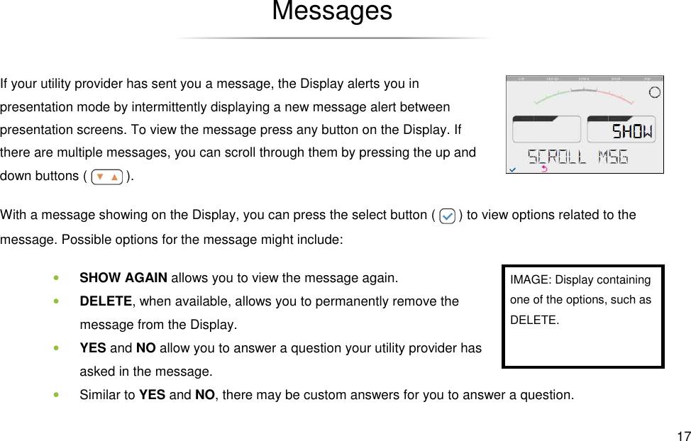  17 IMAGE: Display containing  one of the options, such as DELETE. Messages If your utility provider has sent you a message, the Display alerts you in presentation mode by intermittently displaying a new message alert between presentation screens. To view the message press any button on the Display. If there are multiple messages, you can scroll through them by pressing the up and down buttons (   ).  With a message showing on the Display, you can press the select button (   ) to view options related to the message. Possible options for the message might include: • SHOW AGAIN allows you to view the message again. • DELETE, when available, allows you to permanently remove the message from the Display. • YES and NO allow you to answer a question your utility provider has asked in the message. • Similar to YES and NO, there may be custom answers for you to answer a question. 