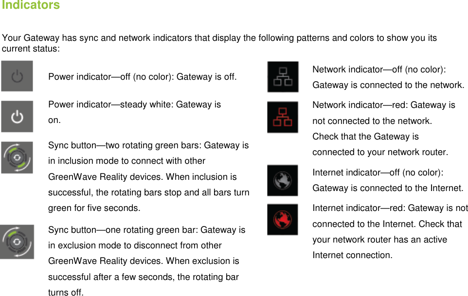    Indicators Your Gateway has sync and network indicators that display the following patterns and colors to show you its current status:  Power indicator—off (no color): Gateway is off.  Power indicator—steady white: Gateway is on.  Sync button—two rotating green bars: Gateway is in inclusion mode to connect with other GreenWave Reality devices. When inclusion is successful, the rotating bars stop and all bars turn green for five seconds.  Sync button—one rotating green bar: Gateway is in exclusion mode to disconnect from other GreenWave Reality devices. When exclusion is successful after a few seconds, the rotating bar turns off.   Network indicator—off (no color): Gateway is connected to the network.  Network indicator—red: Gateway is not connected to the network. Check that the Gateway is connected to your network router.  Internet indicator—off (no color): Gateway is connected to the Internet.  Internet indicator—red: Gateway is not connected to the Internet. Check that your network router has an active Internet connection.  