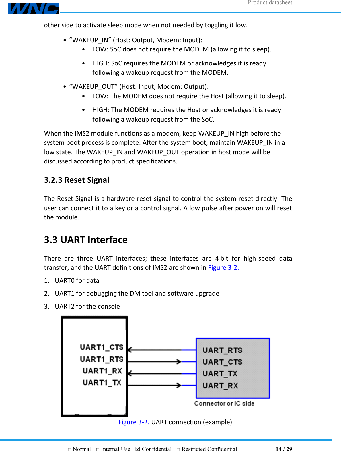 Product datasheet       □ Normal  □ Internal Use   Confidential  □ Restricted Confidential                                14 / 29 other side to activate sleep mode when not needed by toggling it low. • “WAKEUP_IN” (Host: Output, Modem: Input): • LOW: SoC does not require the MODEM (allowing it to sleep). • HIGH: SoC requires the MODEM or acknowledges it is ready following a wakeup request from the MODEM. • “WAKEUP_OUT” (Host: Input, Modem: Output):   • LOW: The MODEM does not require the Host (allowing it to sleep). • HIGH: The MODEM requires the Host or acknowledges it is ready following a wakeup request from the SoC. When the IMS2 module functions as a modem, keep WAKEUP_IN high before the system boot process is complete. After the system boot, maintain WAKEUP_IN in a low state. The WAKEUP_IN and WAKEUP_OUT operation in host mode will be discussed according to product specifications. 3.2.3 Reset Signal The Reset Signal is a hardware reset signal to control the system reset directly. The user can connect it to a key or a control signal. A low pulse after power on will reset the module. 3.3 UART Interface There  are  three  UART  interfaces;  these  interfaces  are  4 bit  for  high-speed  data transfer, and the UART definitions of IMS2 are shown in Figure 3-2. 1. UART0 for data 2. UART1 for debugging the DM tool and software upgrade 3. UART2 for the console  Figure 3-2. UART connection (example) 