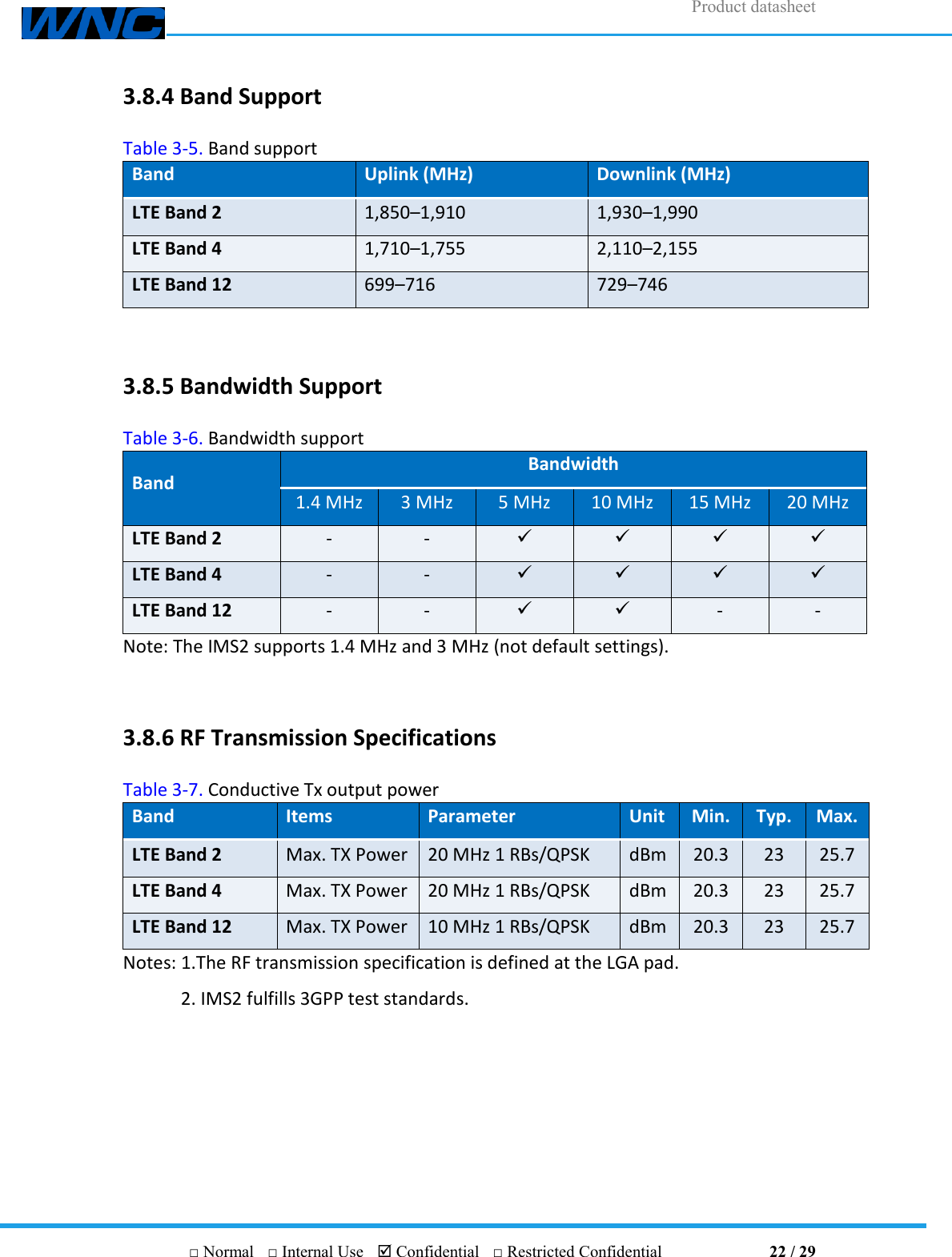 Product datasheet       □ Normal  □ Internal Use   Confidential  □ Restricted Confidential                                22 / 29 3.8.4 Band Support Table 3-5. Band support Band Uplink (MHz) Downlink (MHz) LTE Band 2 1,850–1,910 1,930–1,990 LTE Band 4 1,710–1,755 2,110–2,155 LTE Band 12 699–716 729–746   3.8.5 Bandwidth Support Table 3-6. Bandwidth support Band Bandwidth 1.4 MHz 3 MHz 5 MHz 10 MHz 15 MHz 20 MHz LTE Band 2 - -     LTE Band 4 - -     LTE Band 12 - -   - - Note: The IMS2 supports 1.4 MHz and 3 MHz (not default settings).     3.8.6 RF Transmission Specifications Table 3-7. Conductive Tx output power Band Items Parameter Unit Min. Typ. Max. LTE Band 2 Max. TX Power 20 MHz 1 RBs/QPSK dBm 20.3 23 25.7 LTE Band 4 Max. TX Power 20 MHz 1 RBs/QPSK dBm 20.3 23 25.7 LTE Band 12 Max. TX Power 10 MHz 1 RBs/QPSK dBm 20.3 23 25.7 Notes: 1.The RF transmission specification is defined at the LGA pad. 2. IMS2 fulfills 3GPP test standards.  