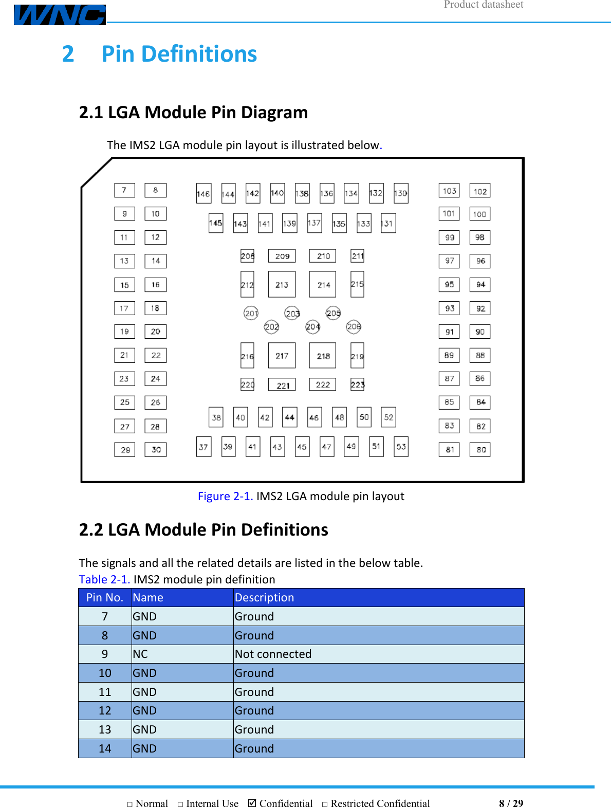 Product datasheet       □ Normal  □ Internal Use   Confidential  □ Restricted Confidential                                8 / 29 2  Pin Definitions 2.1 LGA Module Pin Diagram The IMS2 LGA module pin layout is illustrated below.  Figure 2-1. IMS2 LGA module pin layout 2.2 LGA Module Pin Definitions The signals and all the related details are listed in the below table. Table 2-1. IMS2 module pin definition Pin No. Name Description 7 GND Ground 8 GND Ground 9 NC Not connected 10 GND Ground 11 GND Ground 12 GND Ground 13 GND Ground 14 GND Ground 