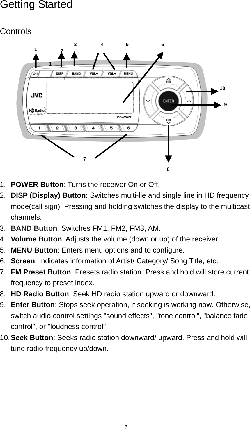  7Getting Started  Controls   1 7 12 1 3 4 5 69 810  1.  POWER Button: Turns the receiver On or Off. 2.  DISP (Display) Button: Switches multi-lie and single line in HD frequency mode(call sign). Pressing and holding switches the display to the multicast channels. 3.  BAND Button: Switches FM1, FM2, FM3, AM. 4.  Volume Button: Adjusts the volume (down or up) of the receiver. 5.  MENU Button: Enters menu options and to configure. 6.  Screen: Indicates information of Artist/ Category/ Song Title, etc. 7.  FM Preset Button: Presets radio station. Press and hold will store current frequency to preset index. 8.  HD Radio Button: Seek HD radio station upward or downward. 9.  Enter Button: Stops seek operation, if seeking is working now. Otherwise, switch audio control settings &quot;sound effects&quot;, &quot;tone control&quot;, &quot;balance fade control&quot;, or &quot;loudness control&quot;. 10. Seek Button: Seeks radio station downward/ upward. Press and hold will tune radio frequency up/down.  