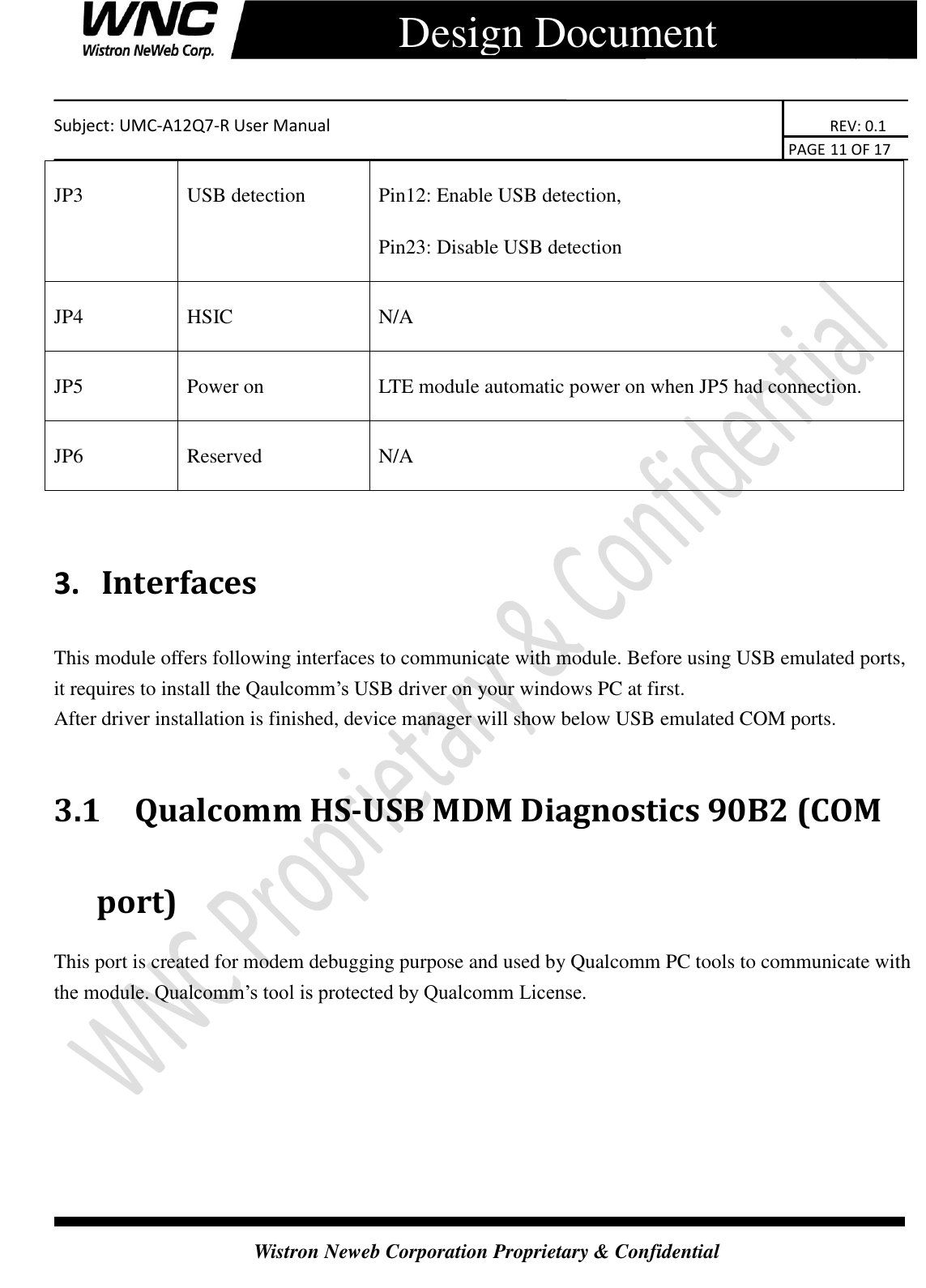    Subject: UMC-A12Q7-R User Manual                                                                      REV: 0.1                                                                                        PAGE 11 OF 17  Wistron Neweb Corporation Proprietary &amp; Confidential      Design Document JP3 USB detection Pin12: Enable USB detection,   Pin23: Disable USB detection JP4 HSIC N/A JP5 Power on LTE module automatic power on when JP5 had connection. JP6 Reserved N/A  3.   Interfaces This module offers following interfaces to communicate with module. Before using USB emulated ports, it requires to install the Qaulcomm’s USB driver on your windows PC at first. After driver installation is finished, device manager will show below USB emulated COM ports.  3.1 Qualcomm HS-USB MDM Diagnostics 90B2 (COM port) This port is created for modem debugging purpose and used by Qualcomm PC tools to communicate with the module. Qualcomm’s tool is protected by Qualcomm License. 